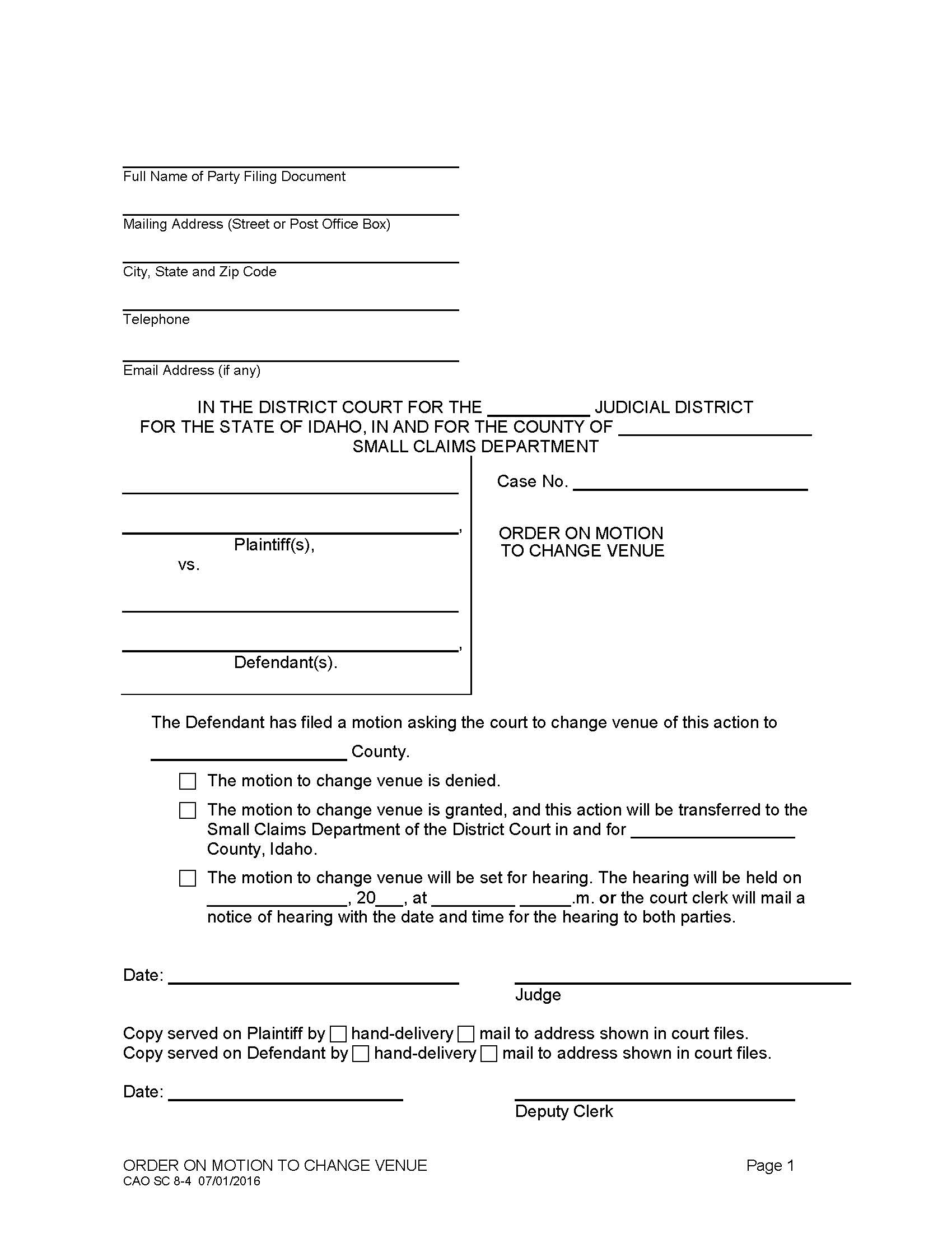 Order On Motion To Change Venue {CAO SC 8-4} | Pdf Fpdf Doc Docx | Idaho