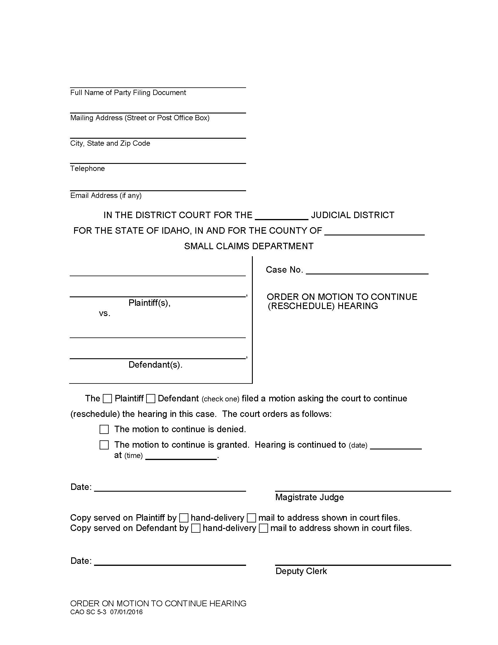 Order On Motion To Continue Reschedule Hearing {CAO SC 5-3} | Pdf Fpdf Doc Docx | Idaho