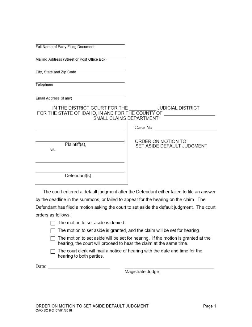 Order On Motion To Set Aside Default Judgment {CAO SC 8-2} | Pdf Fpdf Doc Docx | Idaho