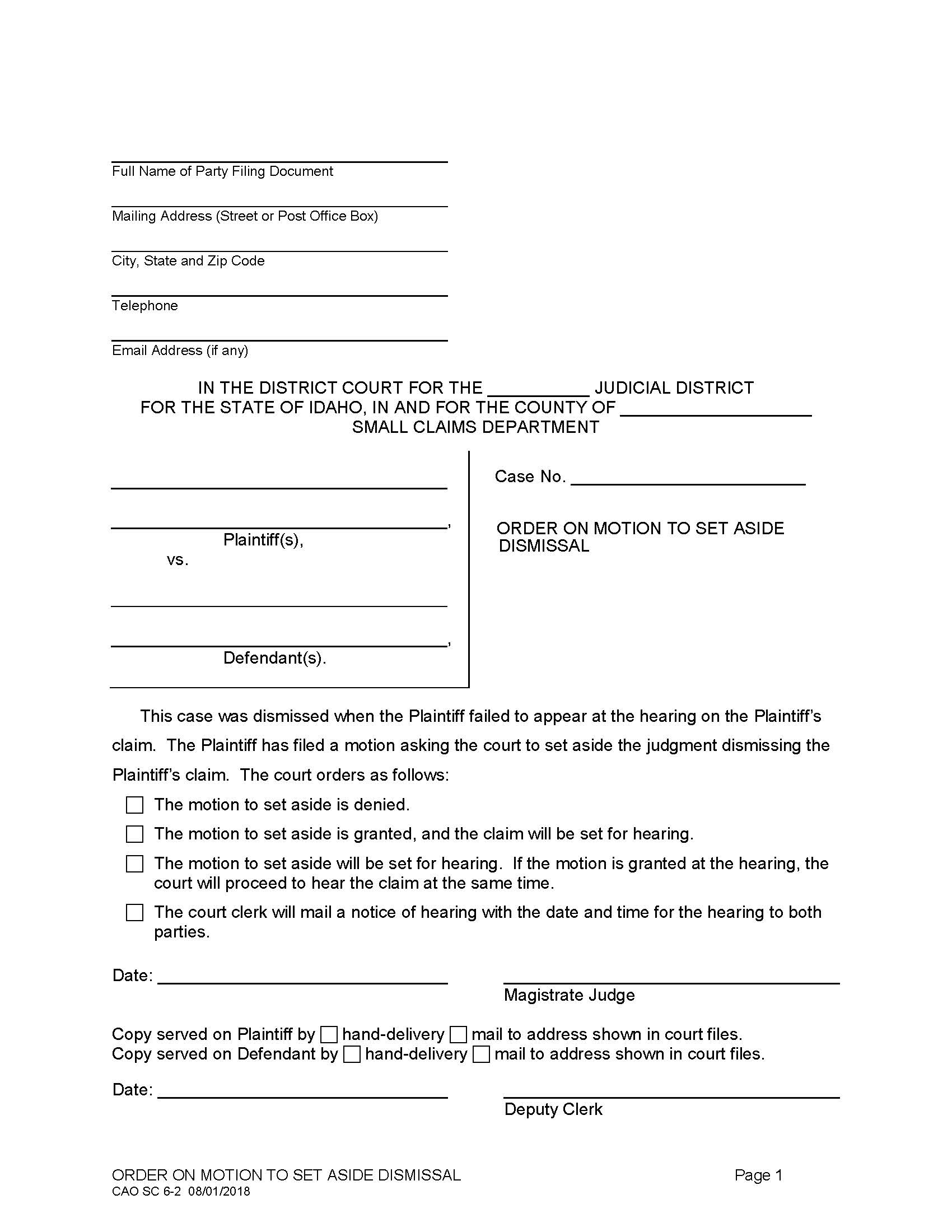 Order On Motion To Set Aside Dismissal {CAO SC 6-2} | Pdf Fpdf Docx | Idaho