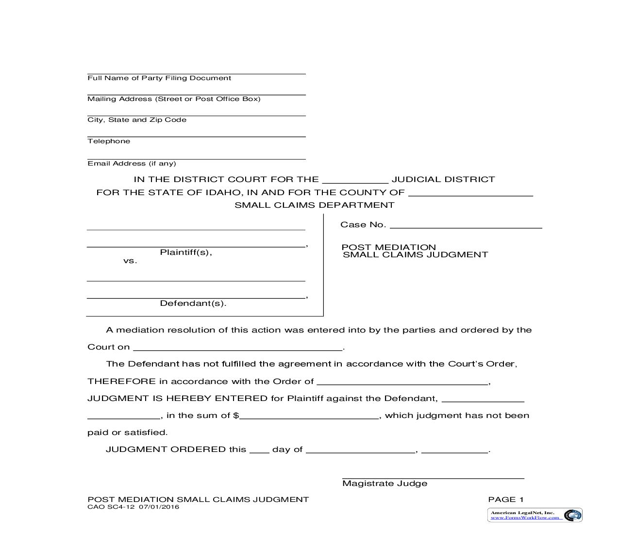 Post Mediation Small Claims Judgment {CAO SC 4-12} | Pdf Fpdf Doc Docx | Idaho
