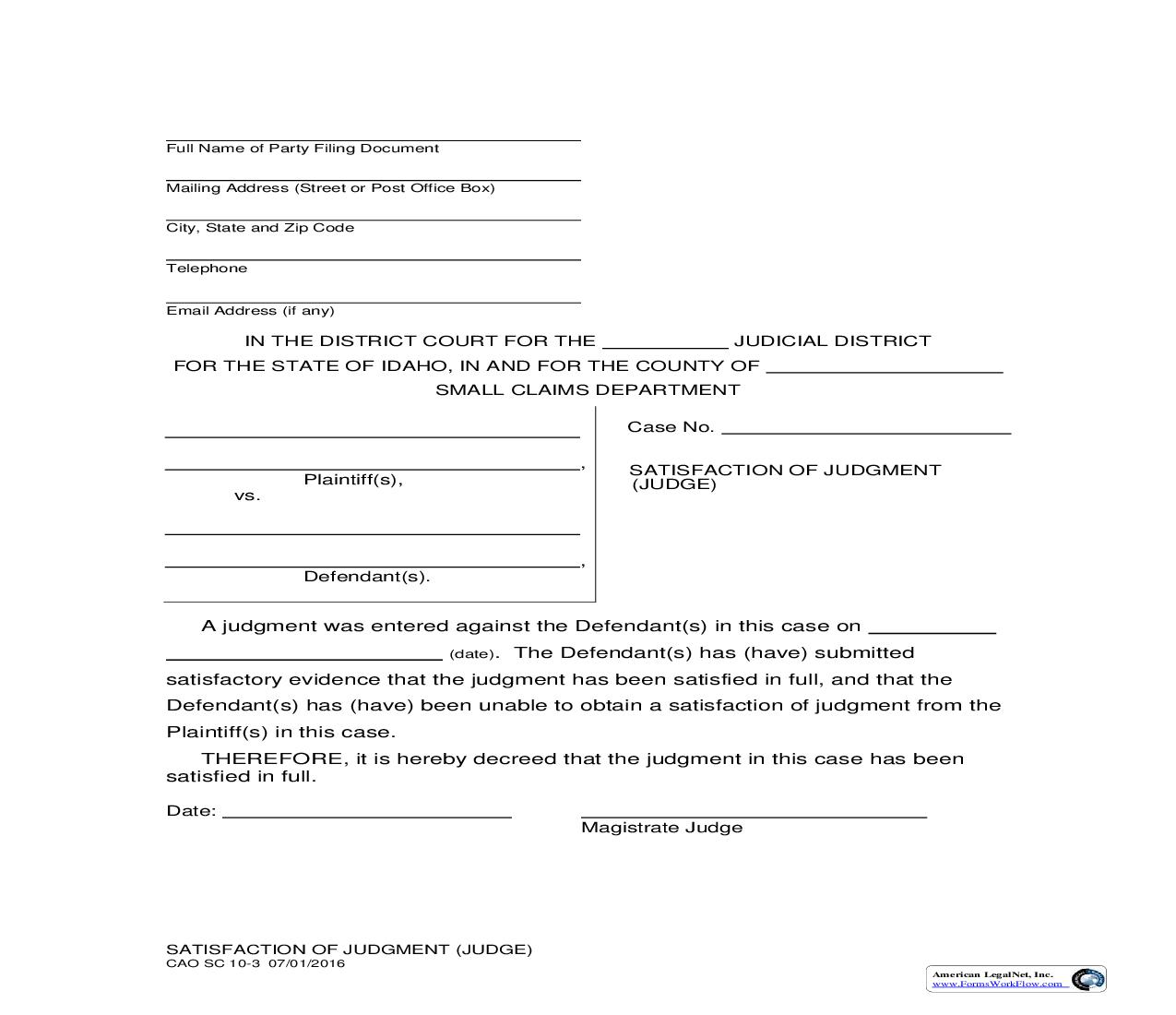 Satisfaction Of Judgment (Judge) {CAO SC 10-3} | Pdf Fpdf Doc Docx | Idaho