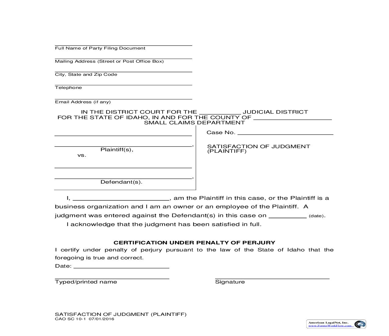 Satisfaction Of Judgment (Plaintiff) {CAO SC 10-1} | Pdf Fpdf Doc Docx | Idaho