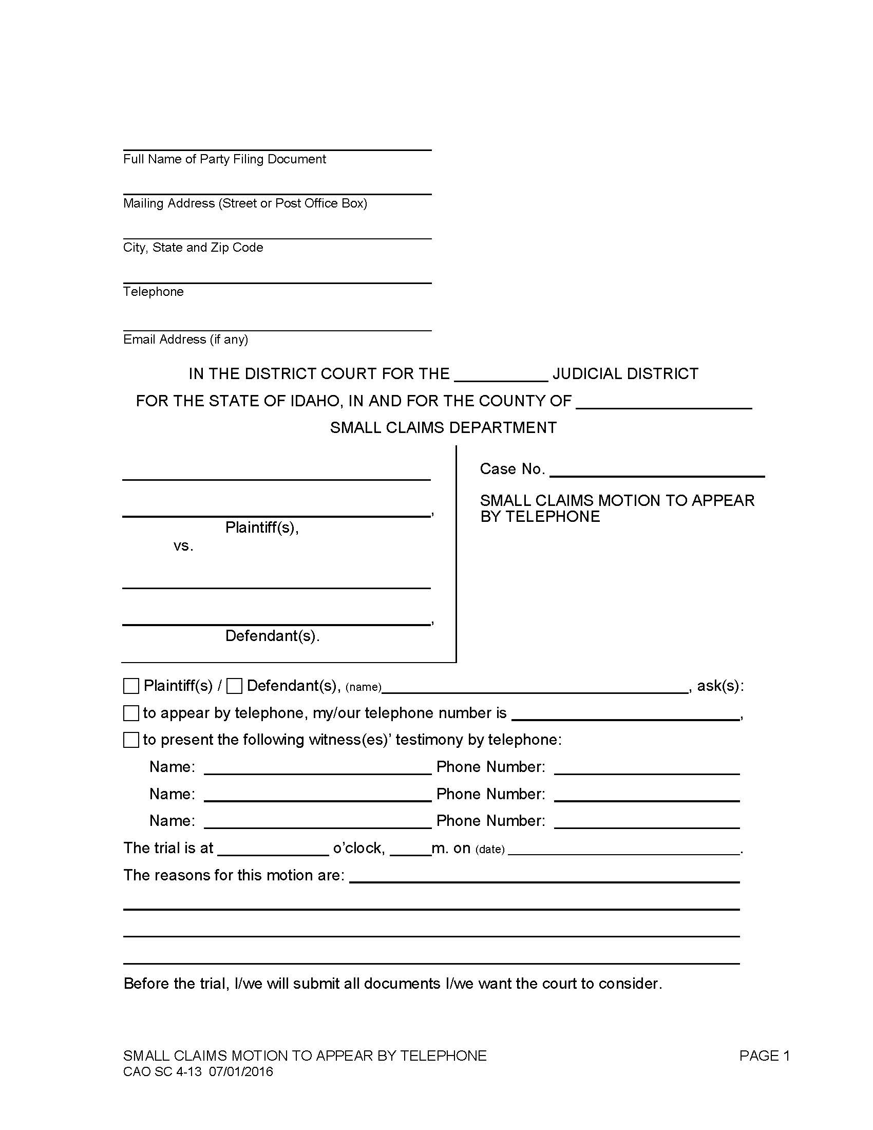 Small Claims Motion To Appear By Telephone {CAO SC 4-13} | Pdf Fpdf Docx | Idaho