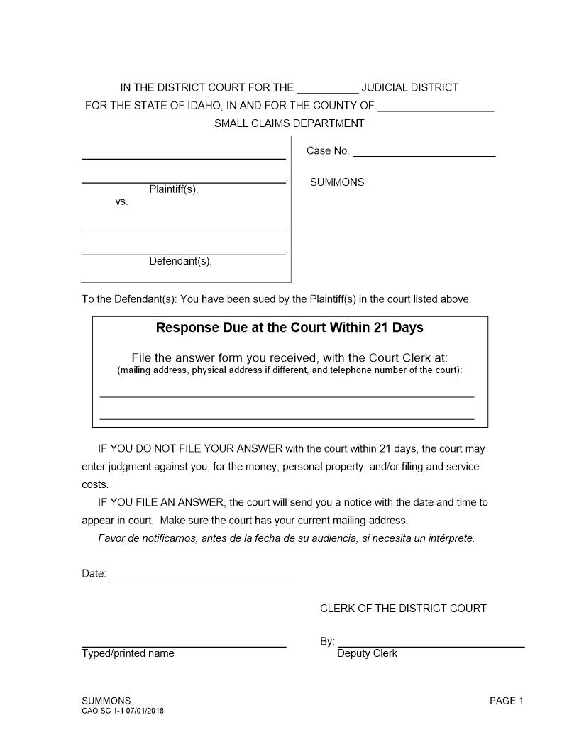 Summons {CAO SC 1-1} | Pdf Fpdf Doc Docx | Idaho