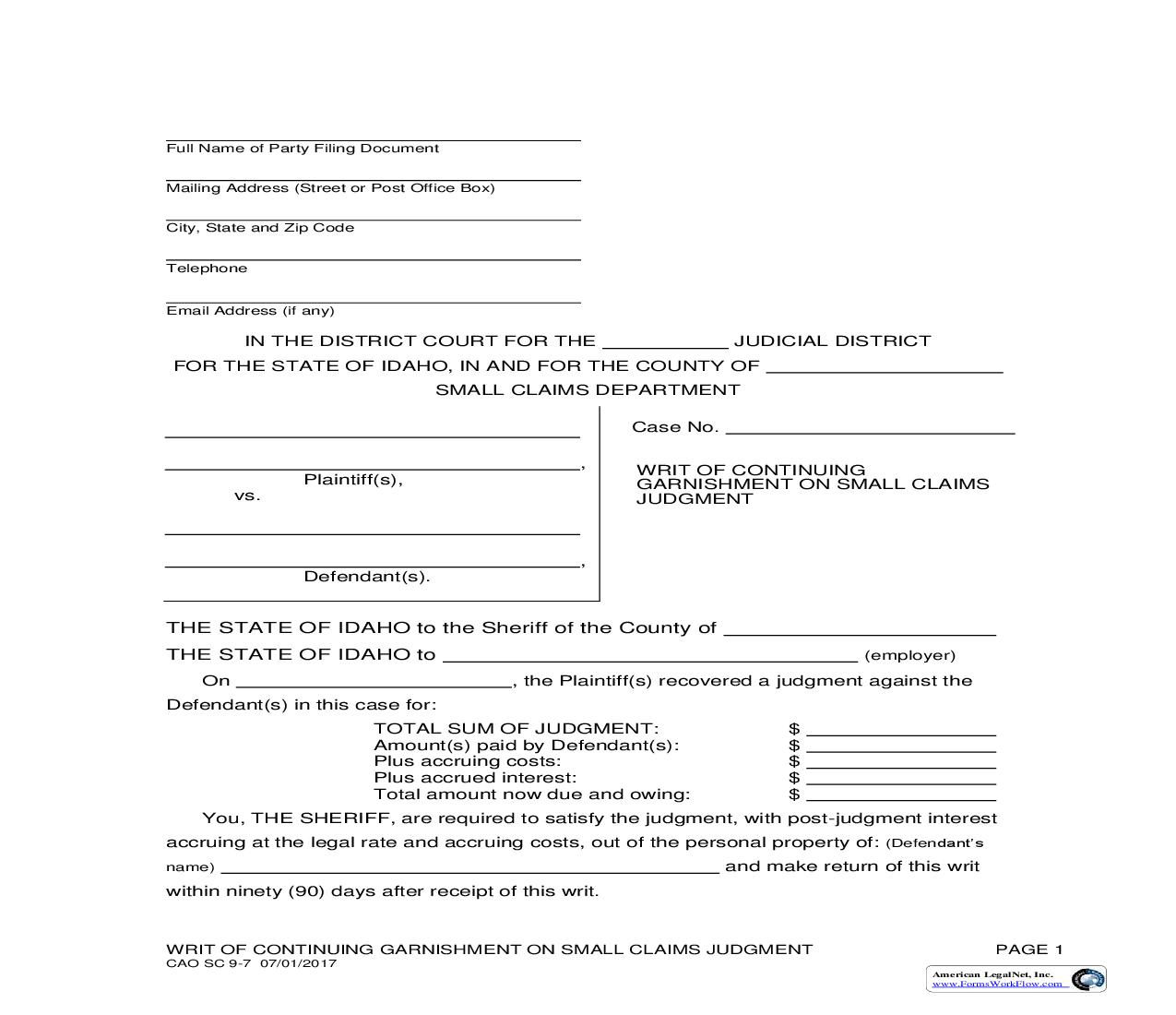 Writ Of Continuing Garnishment On Small Claims Judgment {CAO SC 9-7} | Pdf Fpdf Doc Docx | Idaho