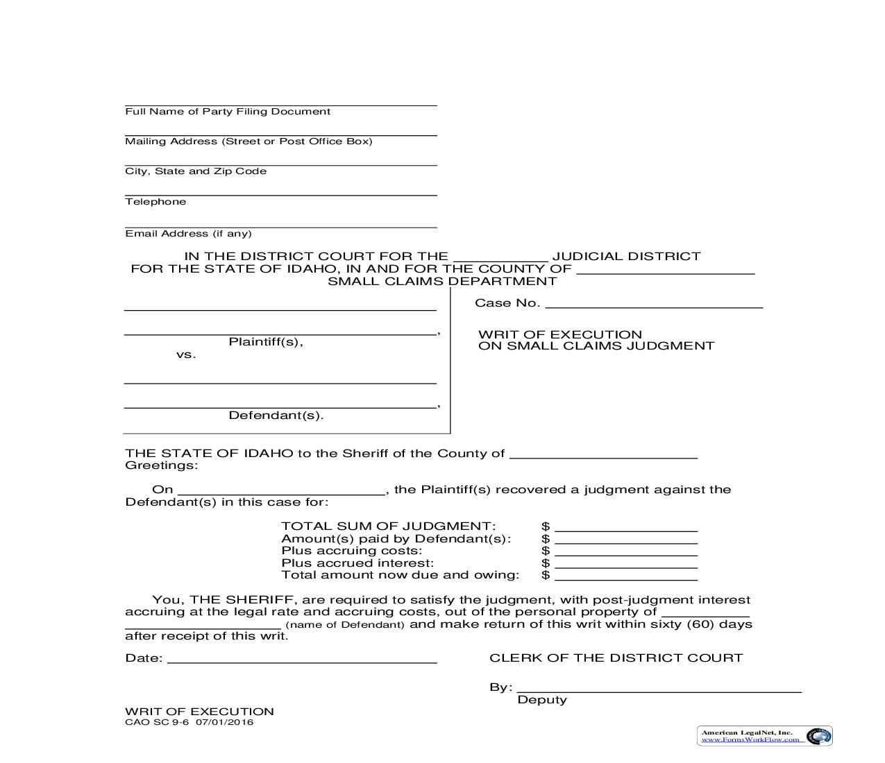 Writ Of Execution On Small Claims Judgment {CAO SC 9-6} | Pdf Fpdf Doc Docx | Idaho