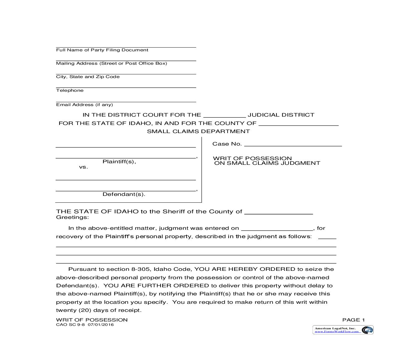 Writ Of Possession On Small Claims Judgment {CAO SC 9-8} | Pdf Fpdf Doc Docx | Idaho