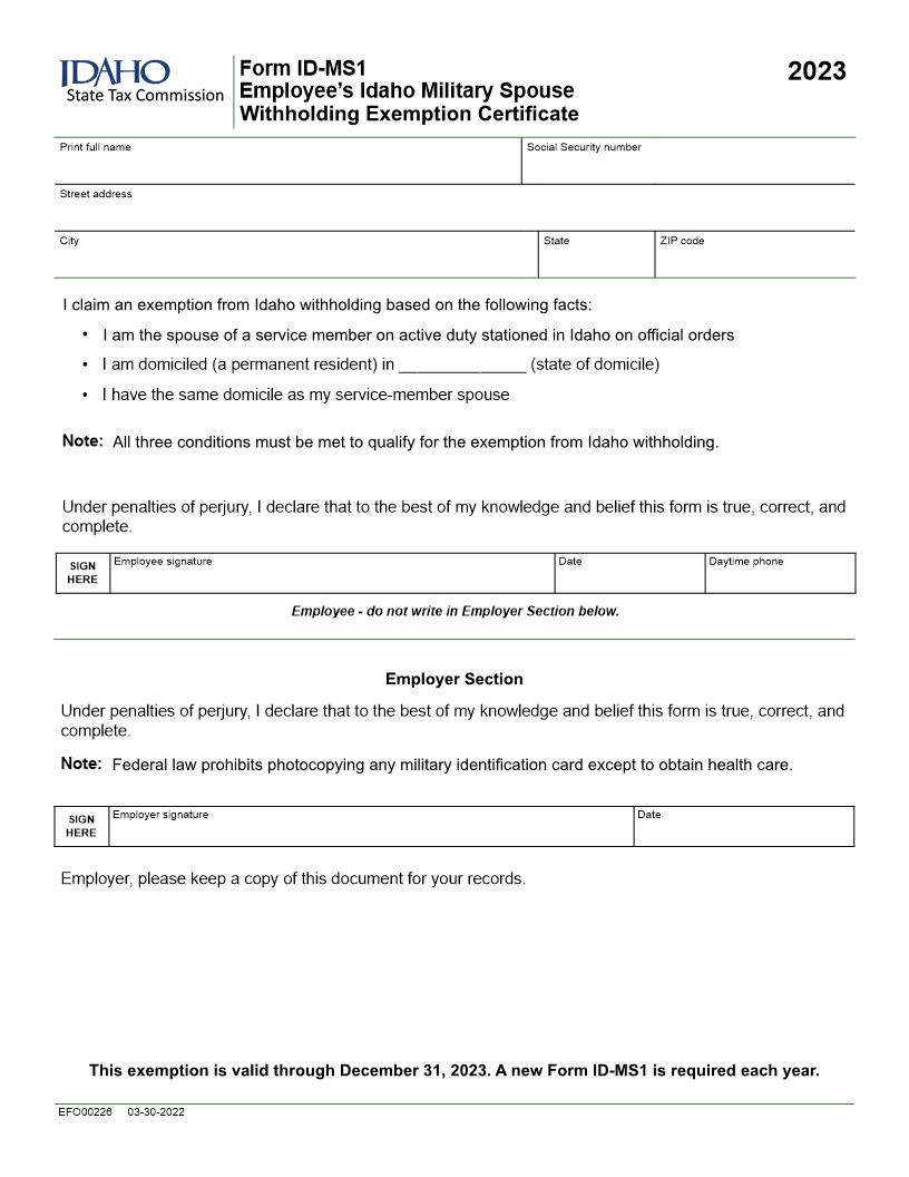 Employees Idaho Military Spouse Withholding Exemption Certificate {Form-ID-MS1} | Pdf Fpdf Docx | Idaho
