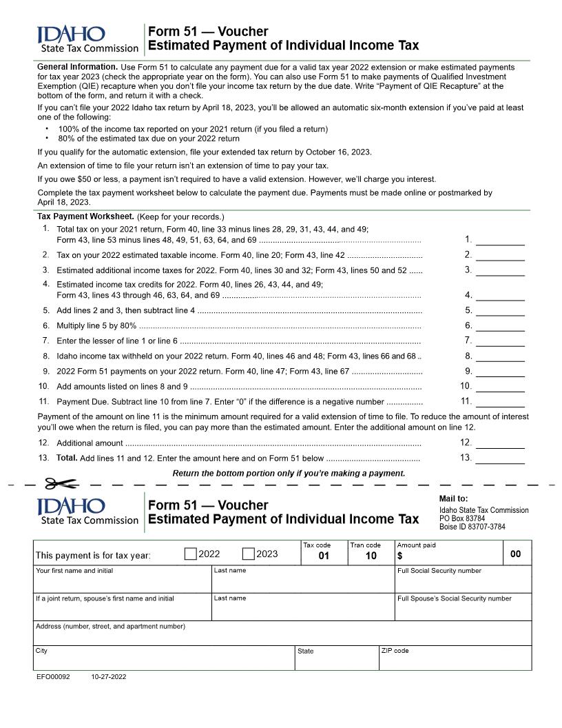 Estimated Payment Of Individual Income Tax {Forms-51} | Pdf Fpdf Docx | Idaho