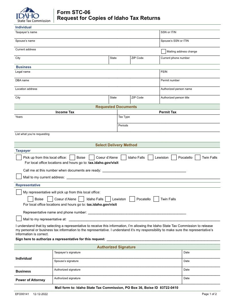 Request For Copies Of Idaho Tax Returns {Form STC-06} | Pdf Fpdf Docx | Idaho