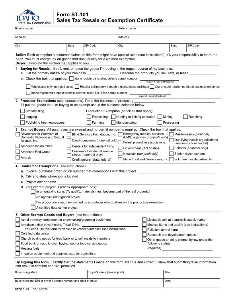 Sales Tax Resale Or Exemption Certificate {Form-ST-101} | Pdf Fpdf Docx | Idaho