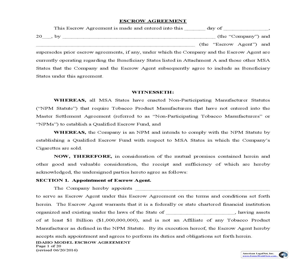 Escrow Agreement | Pdf Fpdf Doc Docx | Idaho