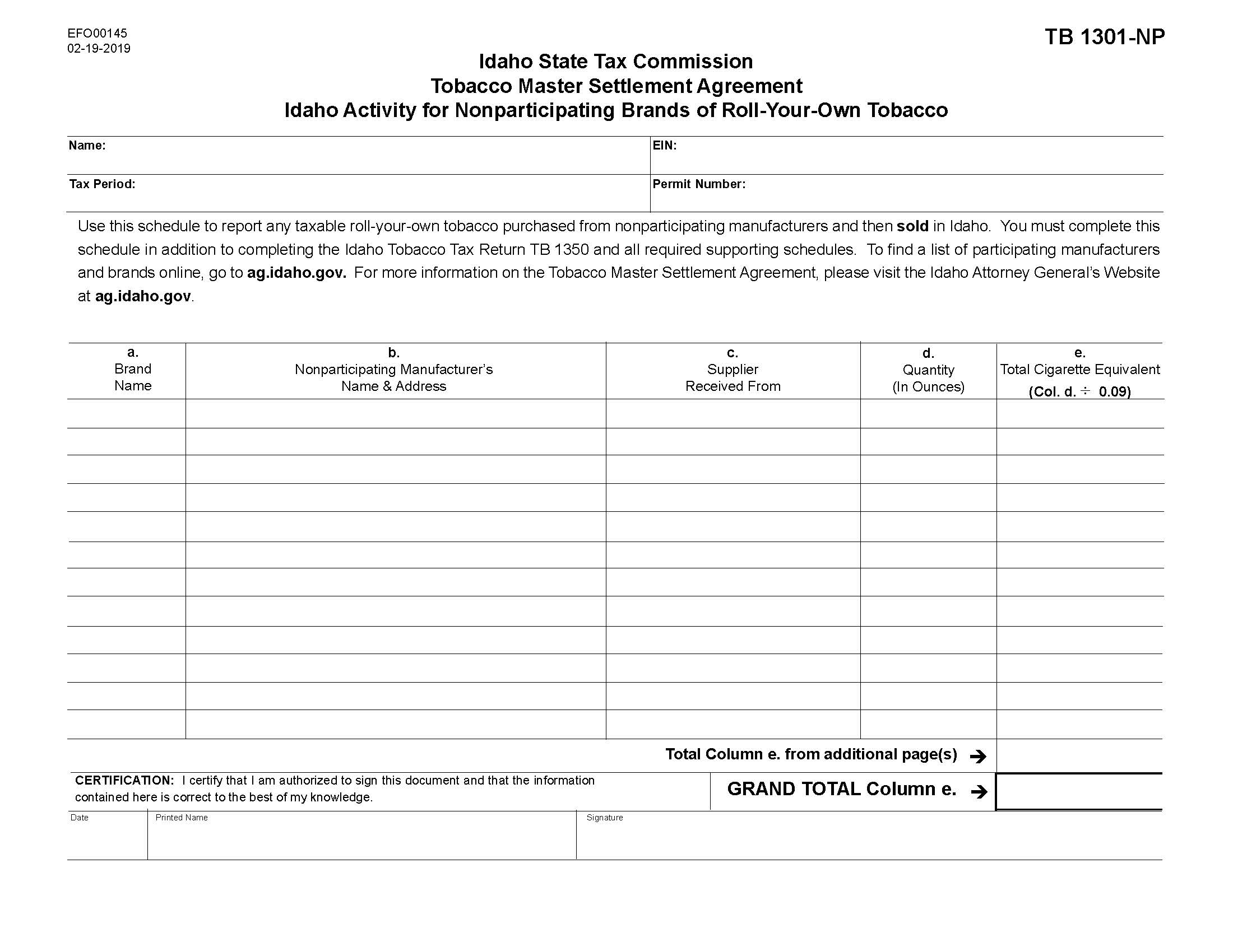 Idaho Activity For Nonparticipating Brands Of Roll Your Own Tobacco {TB1301-NP} | Pdf Fpdf Docx | Idaho