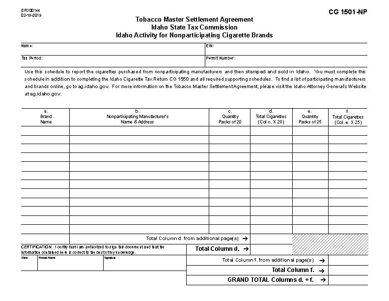 Idaho Activity For Nonparticipating Cigarette Brands {CG1501-NP} | Pdf Fpdf Docx | Idaho