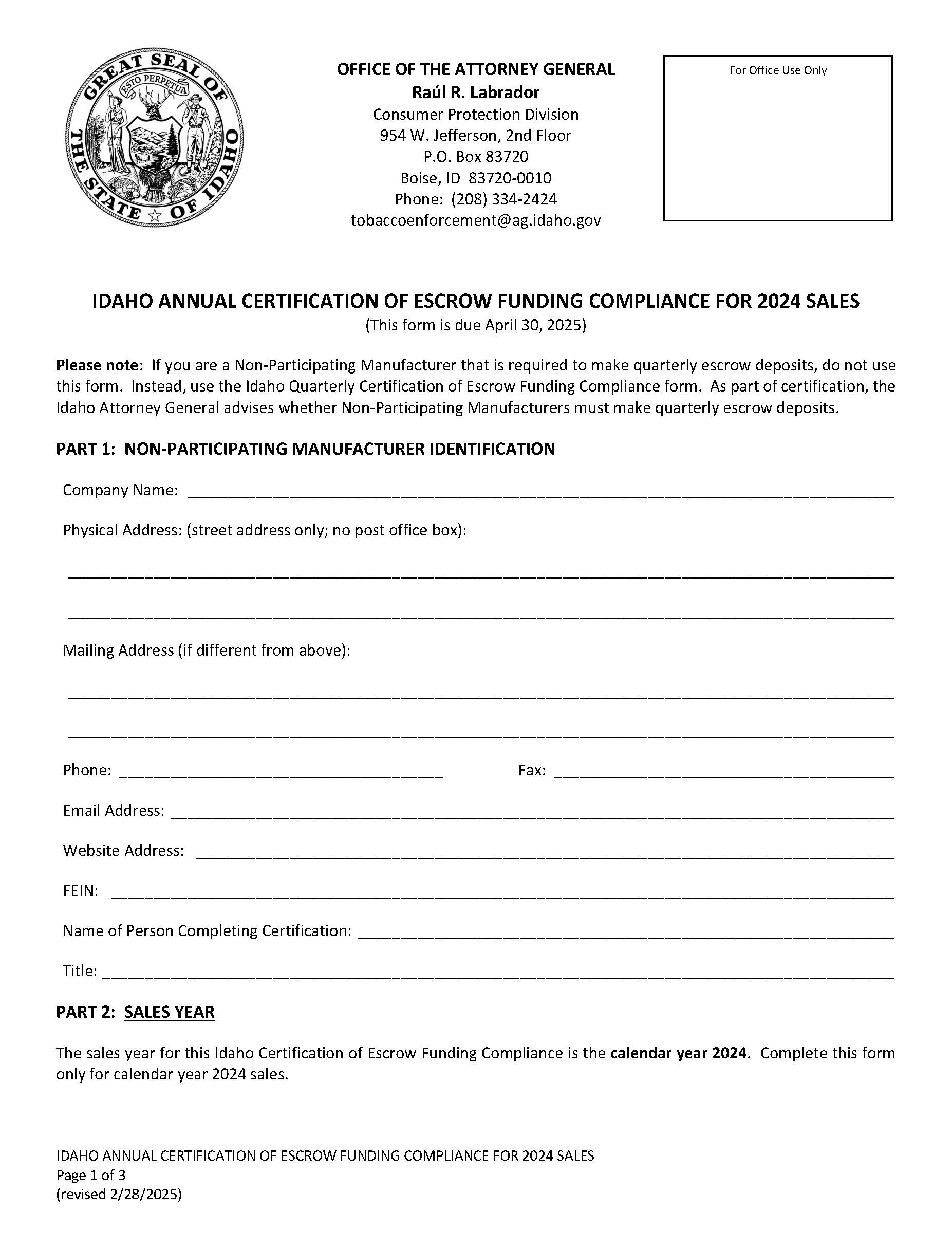 Idaho Annual Certificate Of Escrow Funding Compliance | Pdf Fpdf Docx | Idaho