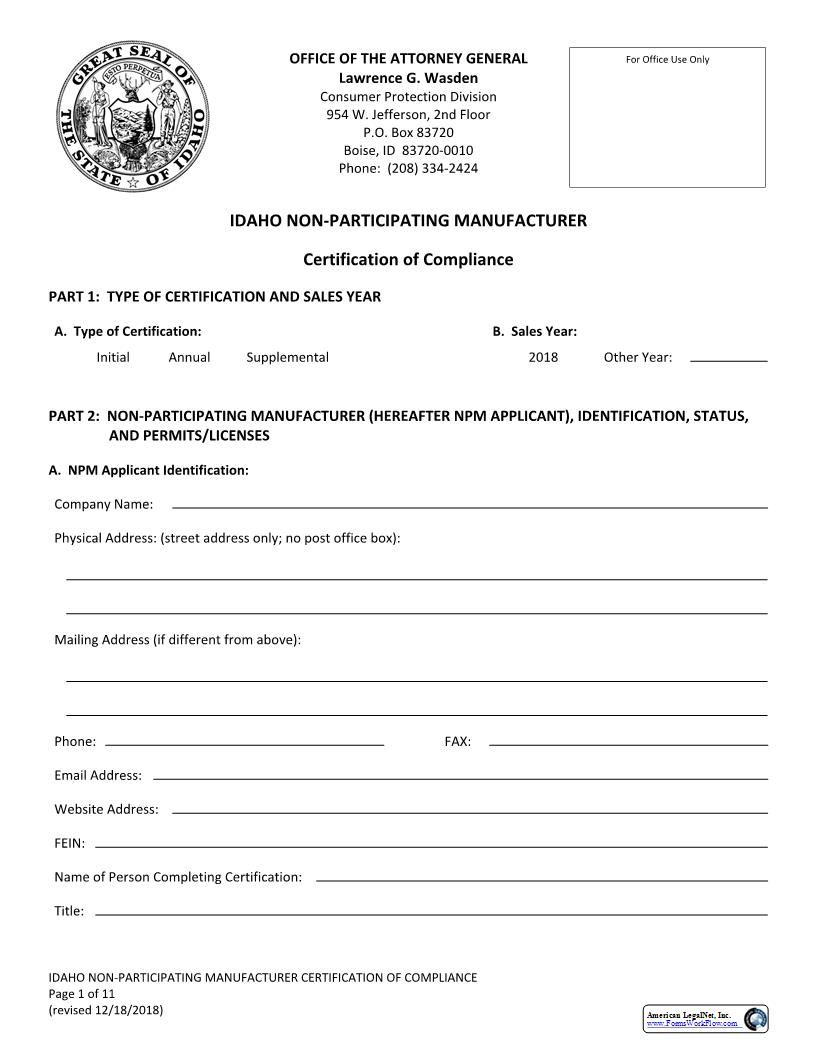 Idaho NPM Certificate Of Compliance | Pdf Fpdf Docx | Idaho