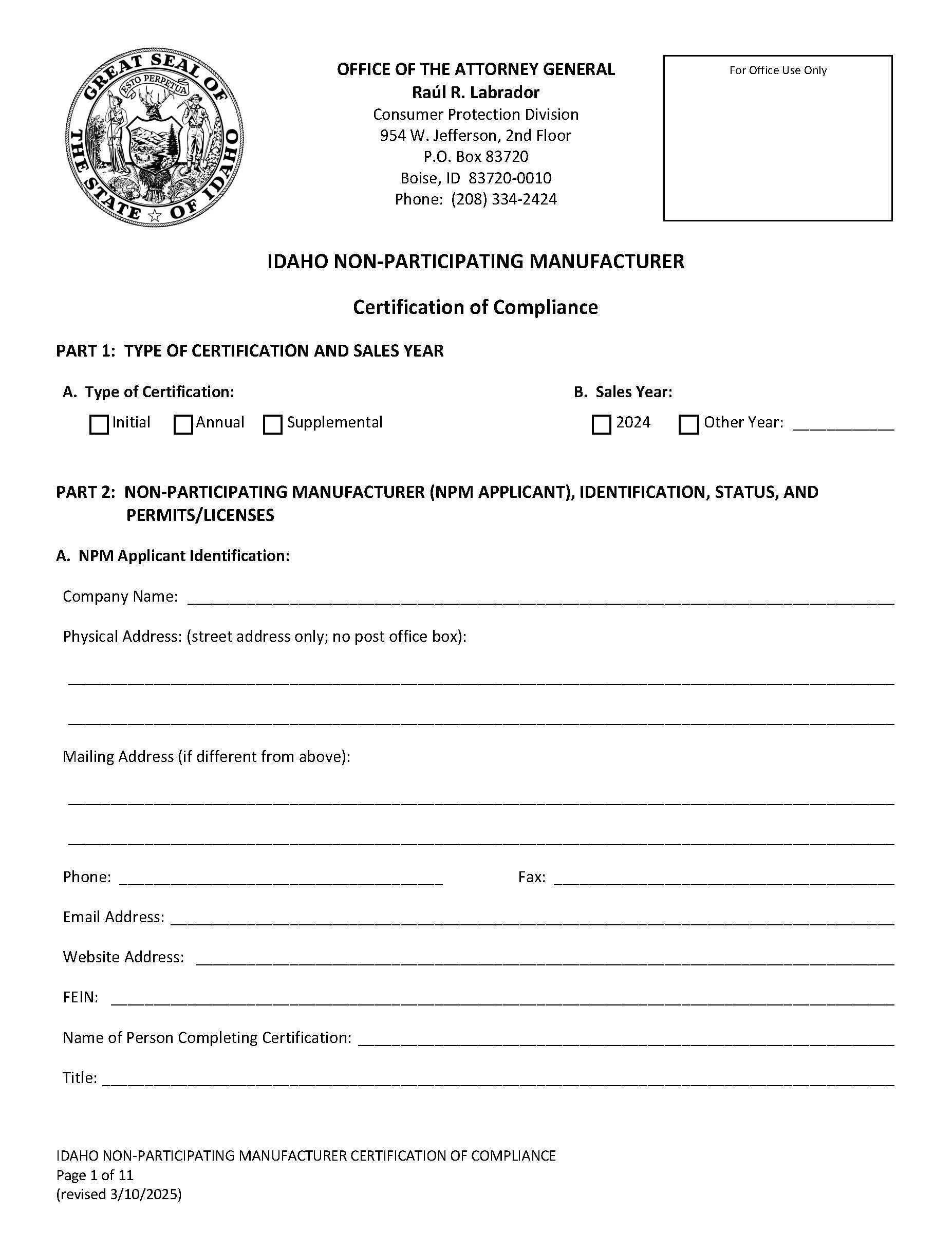 Idaho NPM Certificate Of Compliance | Pdf Fpdf Docx | Idaho