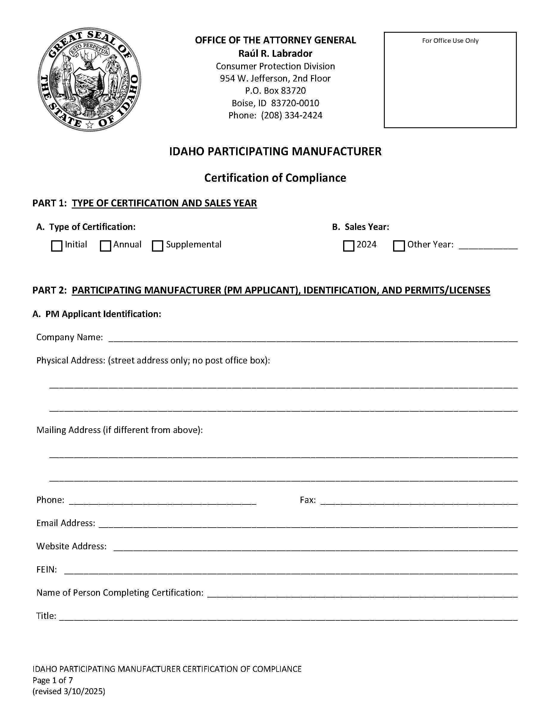 Idaho Participating Manufacturer Certification Of Compliance | Pdf Fpdf Docx | Idaho