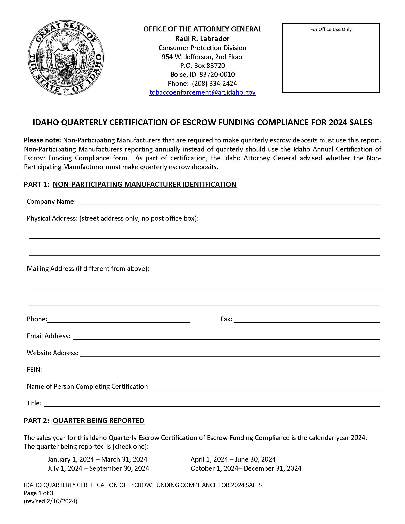 Idaho Quarterly Certificate Of Escrow Funding Compliance | Pdf Fpdf Docx | Idaho