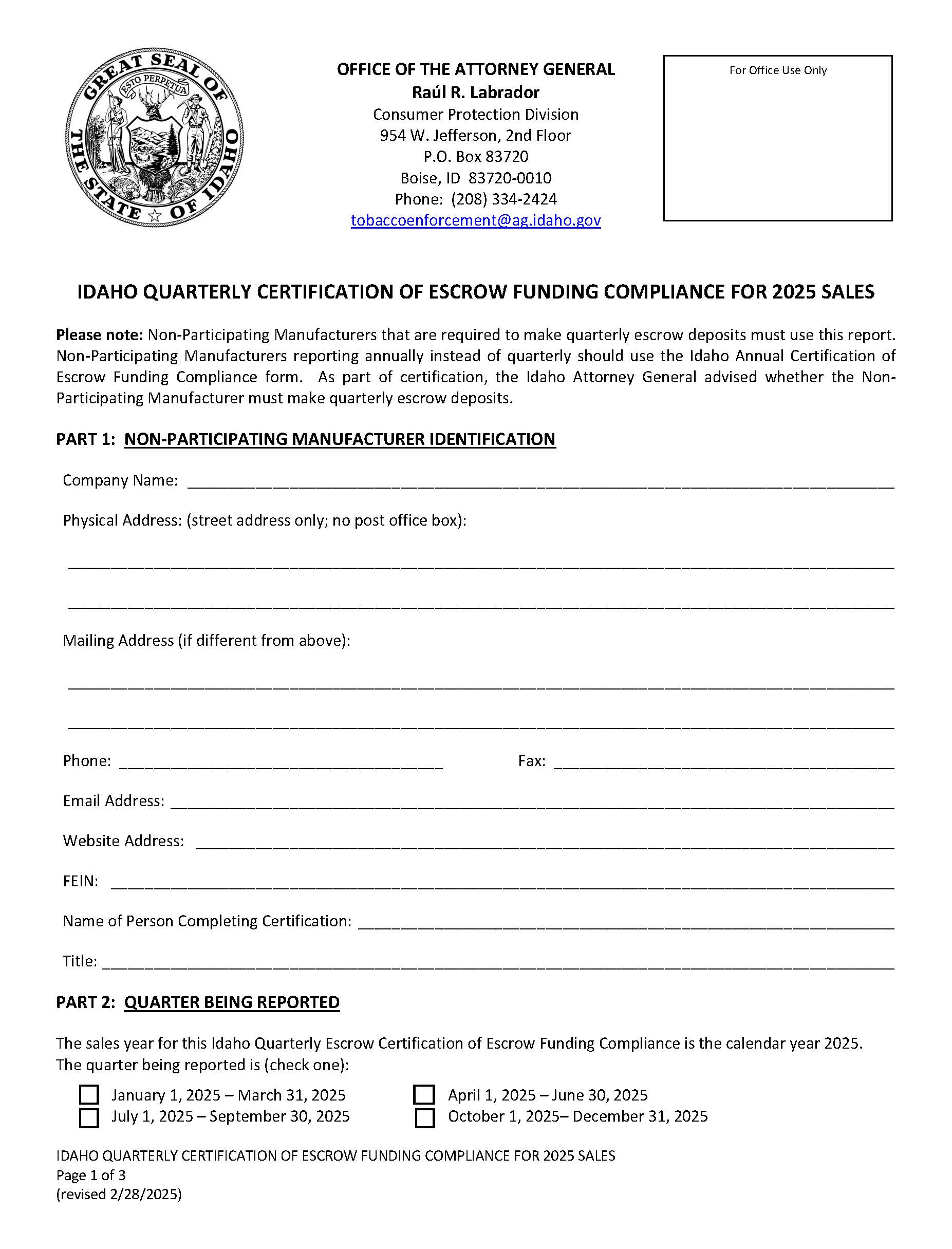 Idaho Quarterly Certificate Of Escrow Funding Compliance | Pdf Fpdf Docx | Idaho