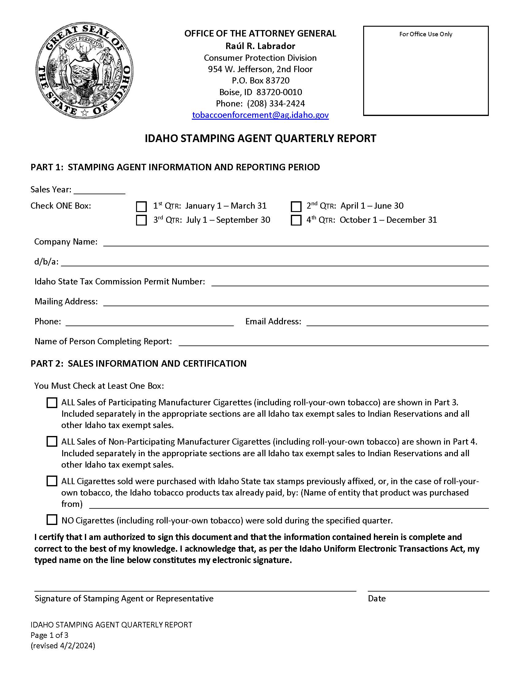 Idaho Stamping Agent Quarterly Report | Pdf Fpdf Docx | Idaho