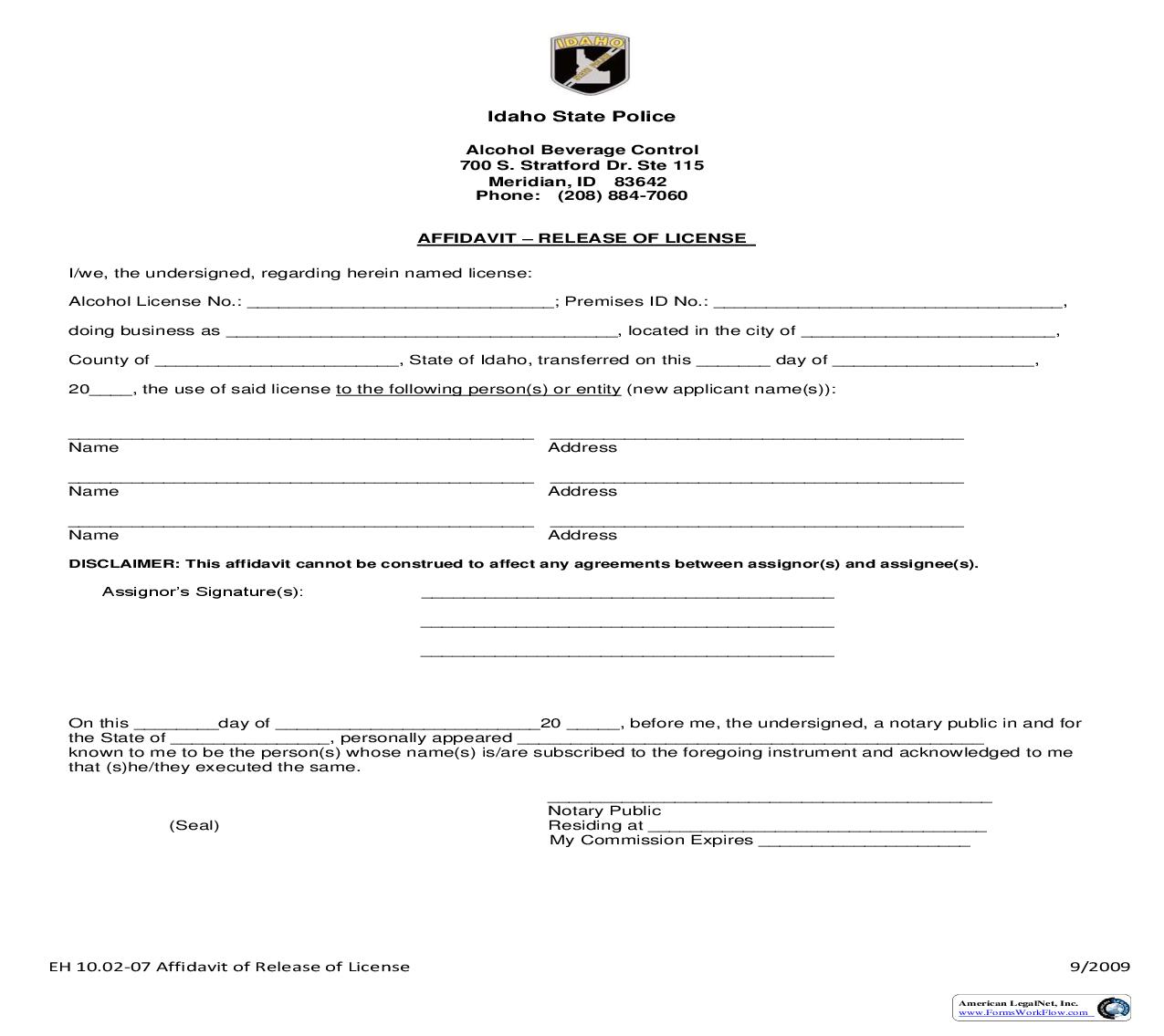 Affidavit - Release Of License | Pdf Fpdf Doc Docx | Idaho