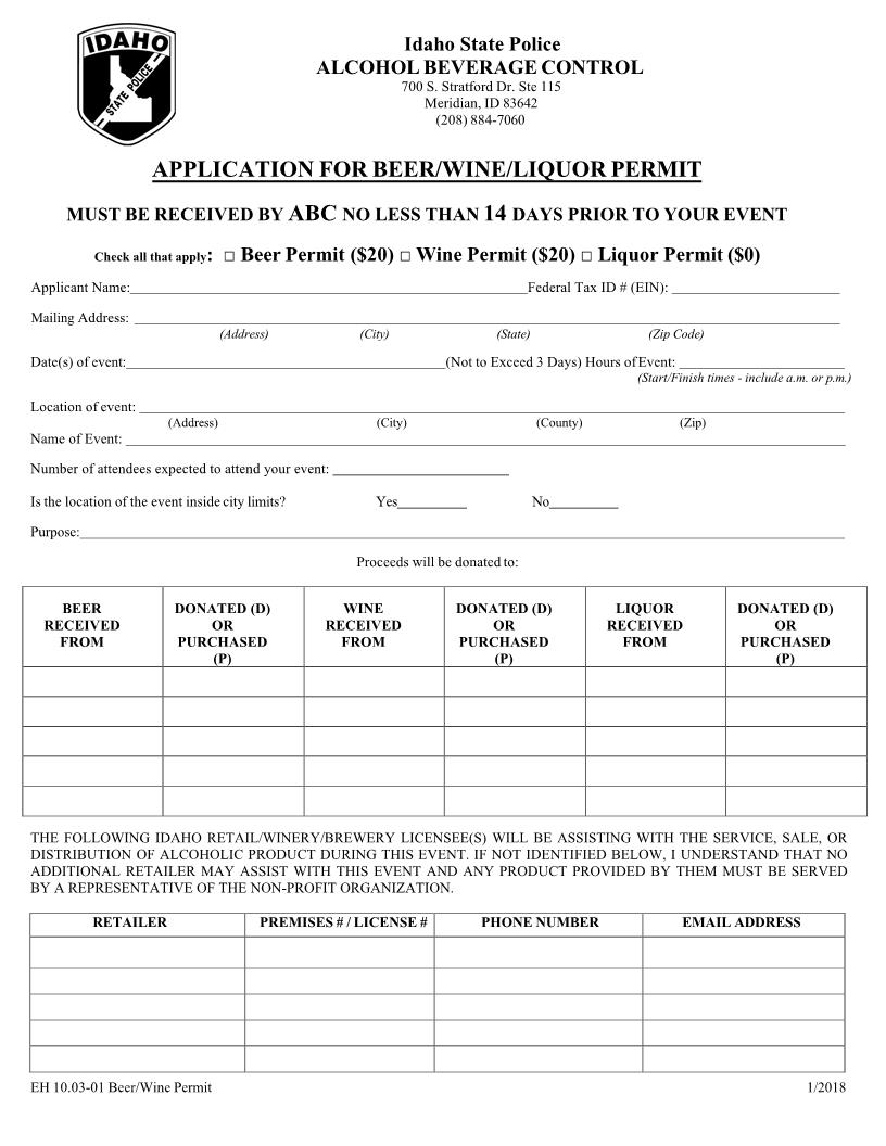 Application For Beer Wine Permit Public Purpose Events | Pdf Fpdf Doc Docx | Idaho