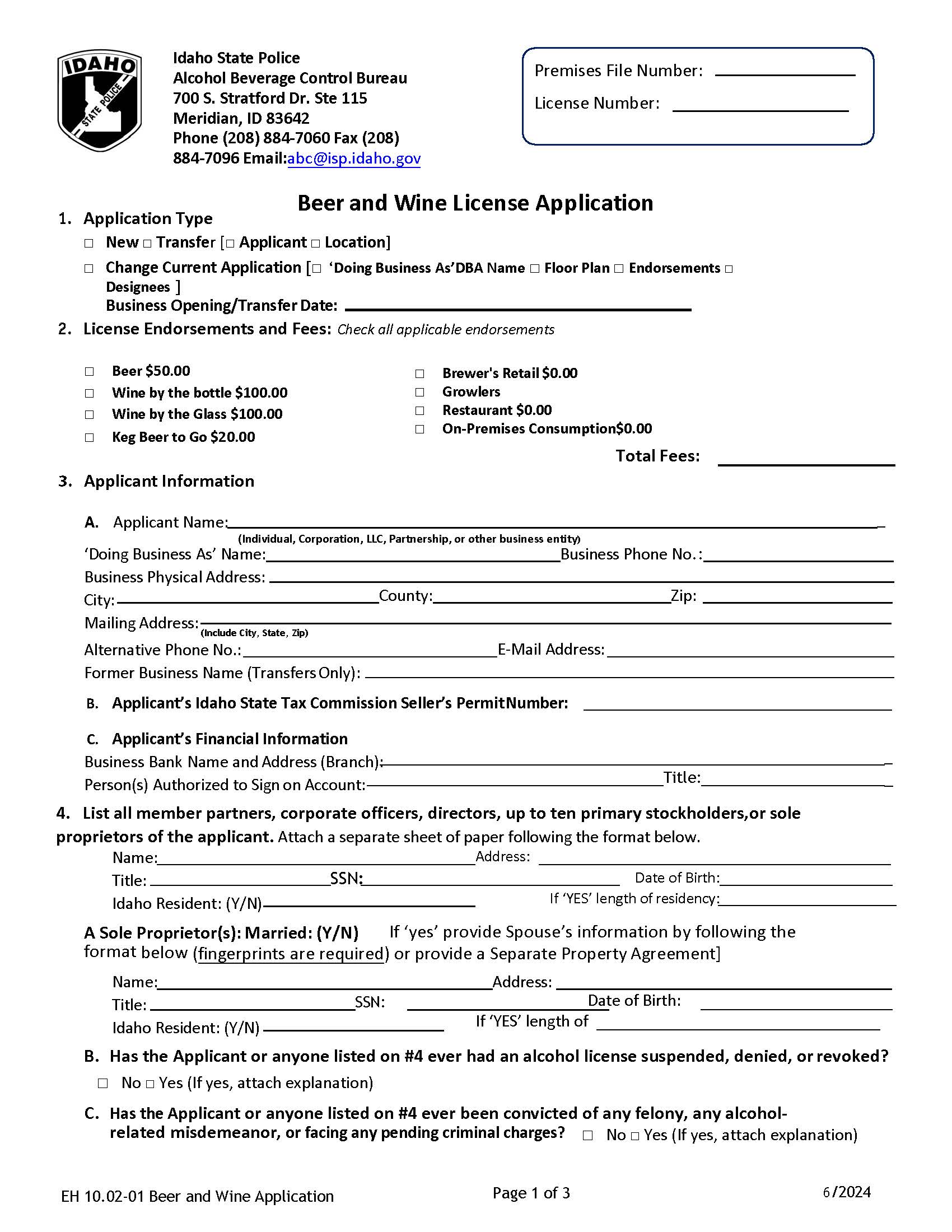 Beer And Wine License Application | Pdf Fpdf Docx | Idaho