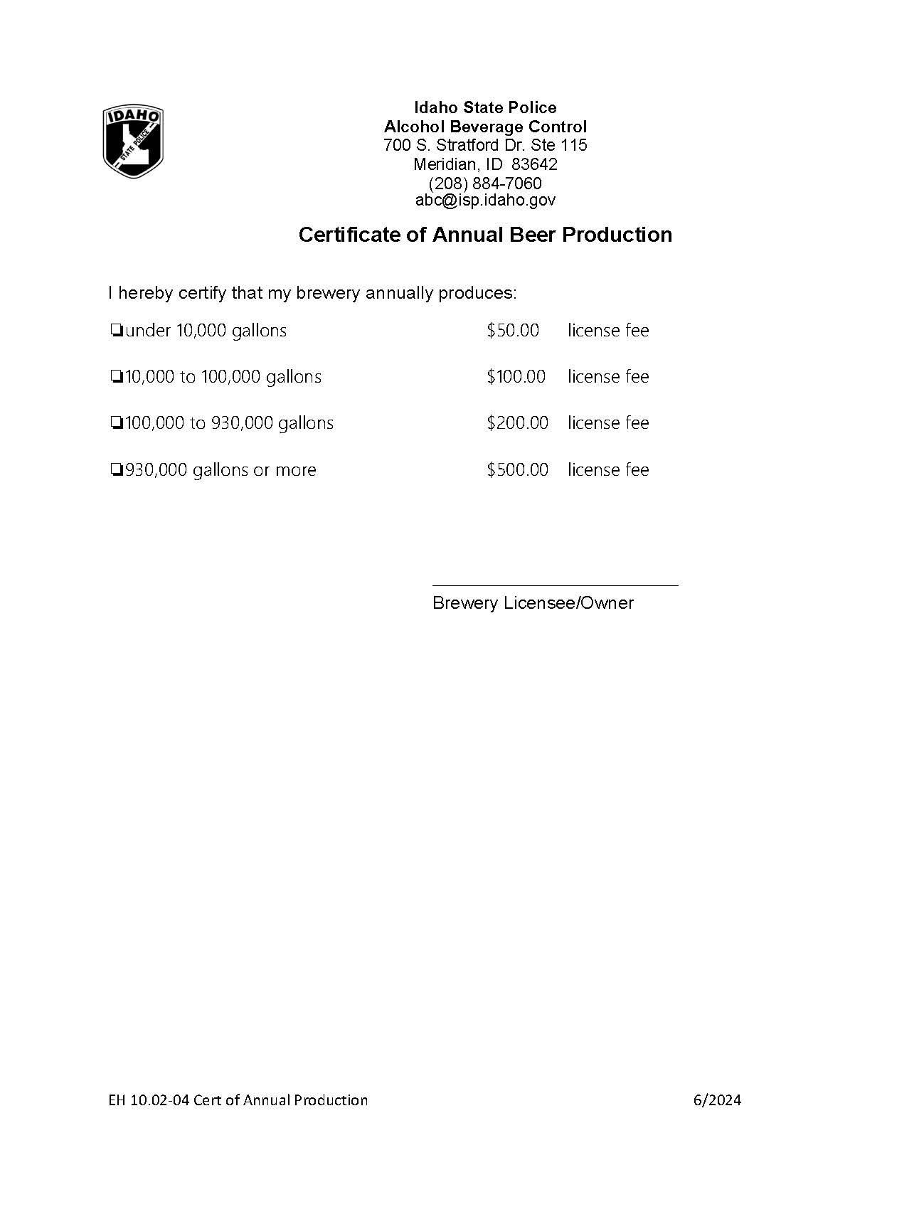 Certification Of Annual Beer Production | Pdf Fpdf Doc Docx | Idaho