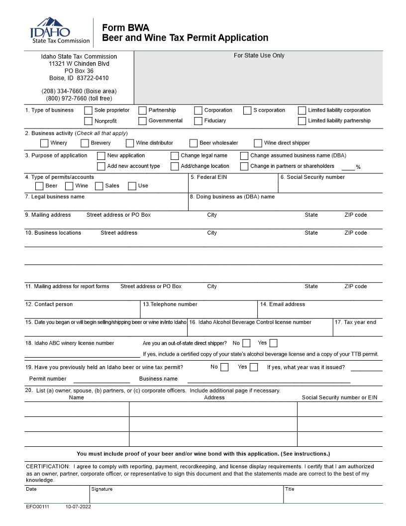 Idaho Beer And Wine Tax Permit Application {BWA} | Pdf Fpdf Docx | Idaho