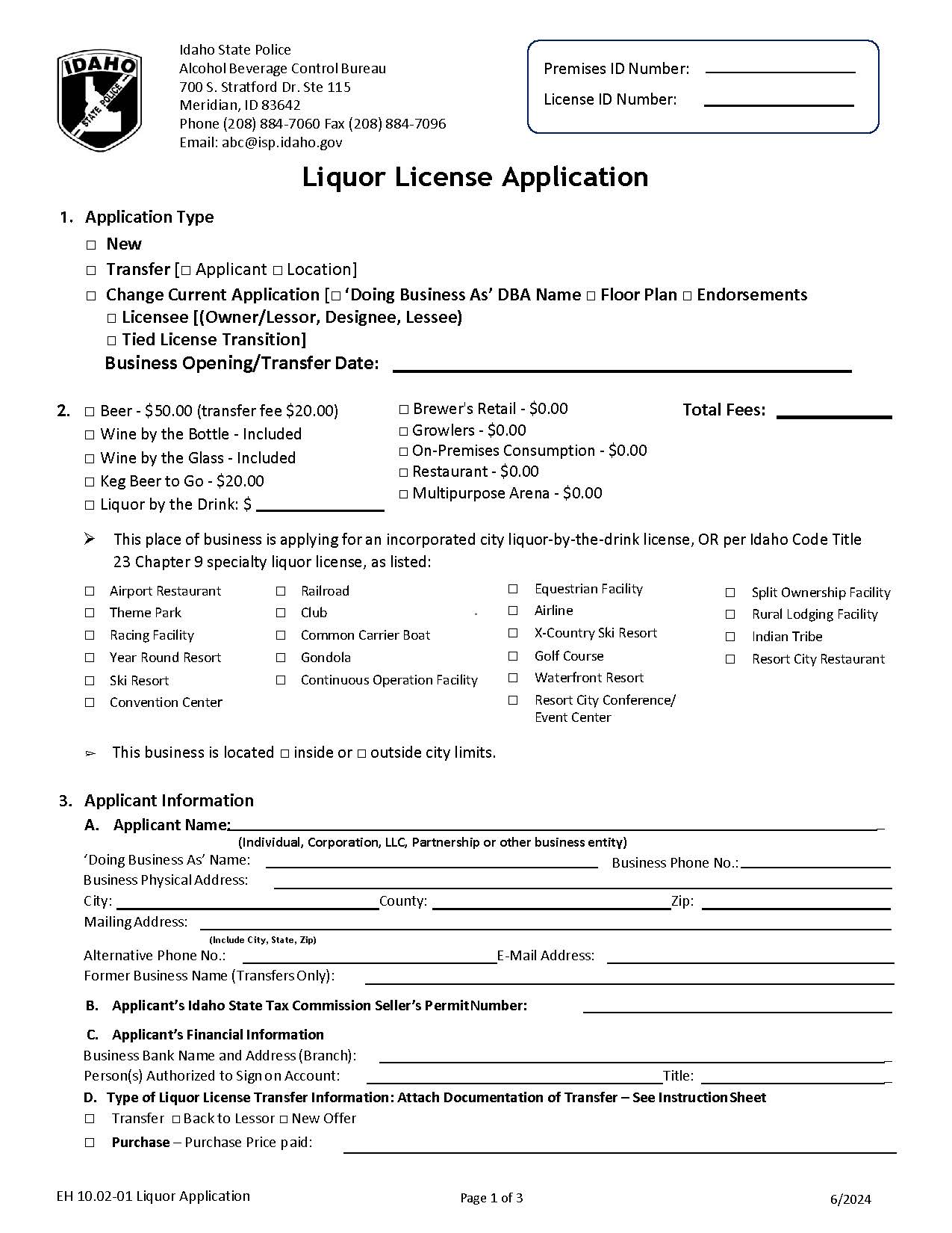 Liquor License Application | Pdf Fpdf Docx | Idaho