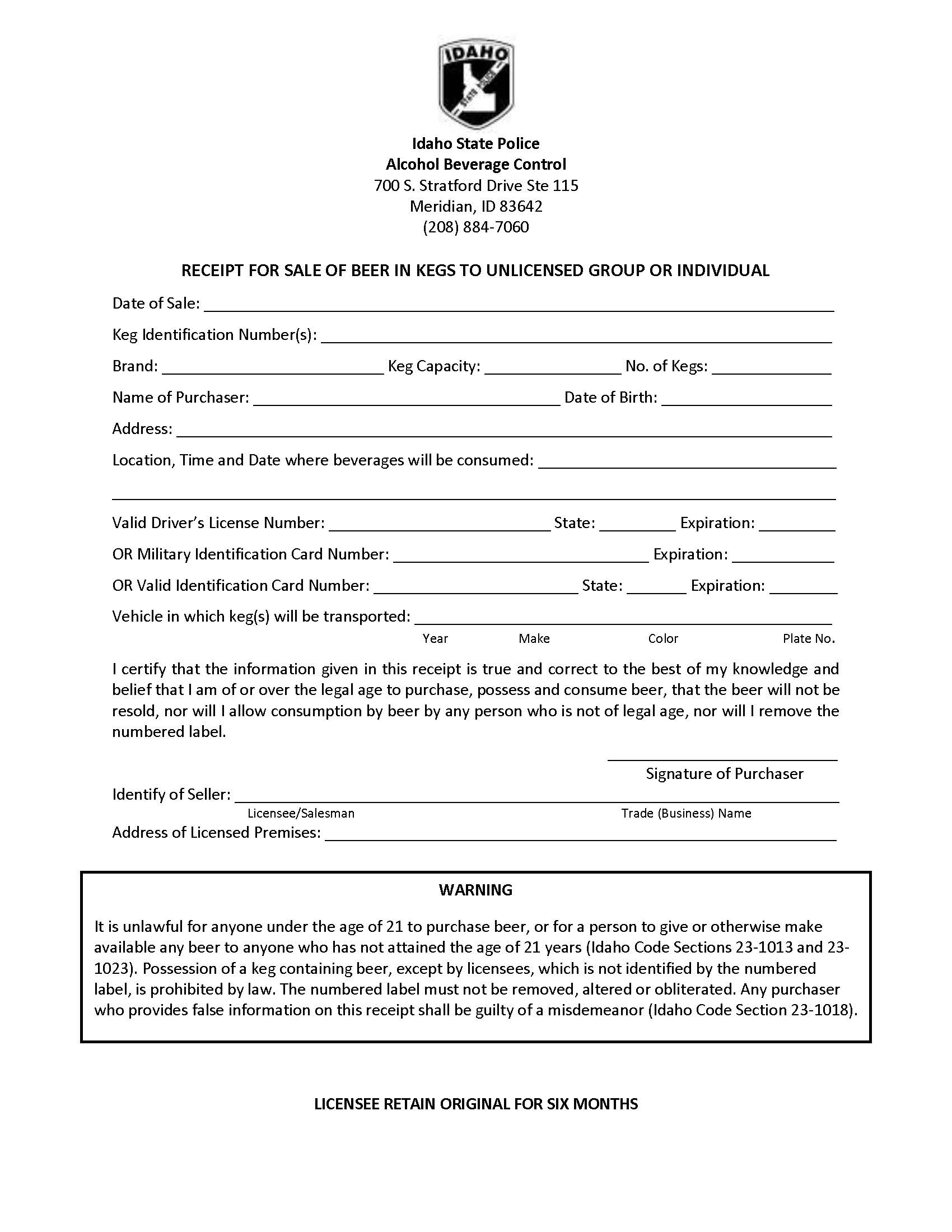 Reciept For Sale Of Beer In Kegs To Unlicensed | Pdf Fpdf Doc Docx | Idaho