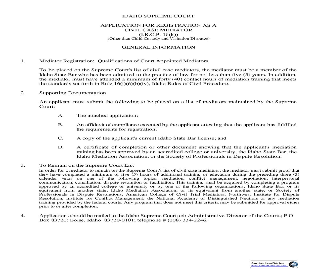 Application For Registration As Civil Case Mediator | Pdf Fpdf Docx | Idaho