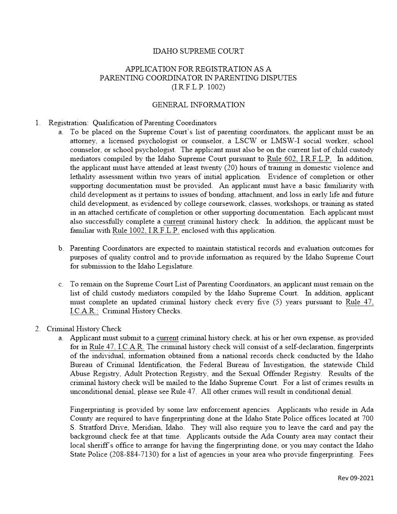 Application For Registration As Parenting Coordinator | Pdf Fpdf Docx | Idaho