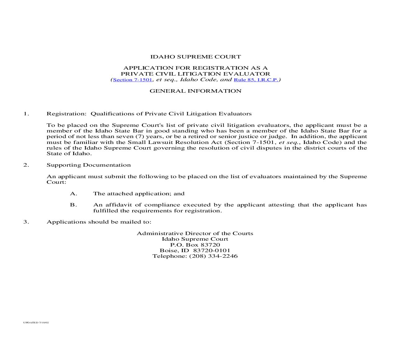 Application For Registration As Private Civil Litigation Evaluator | Pdf Fpdf Docx | Idaho