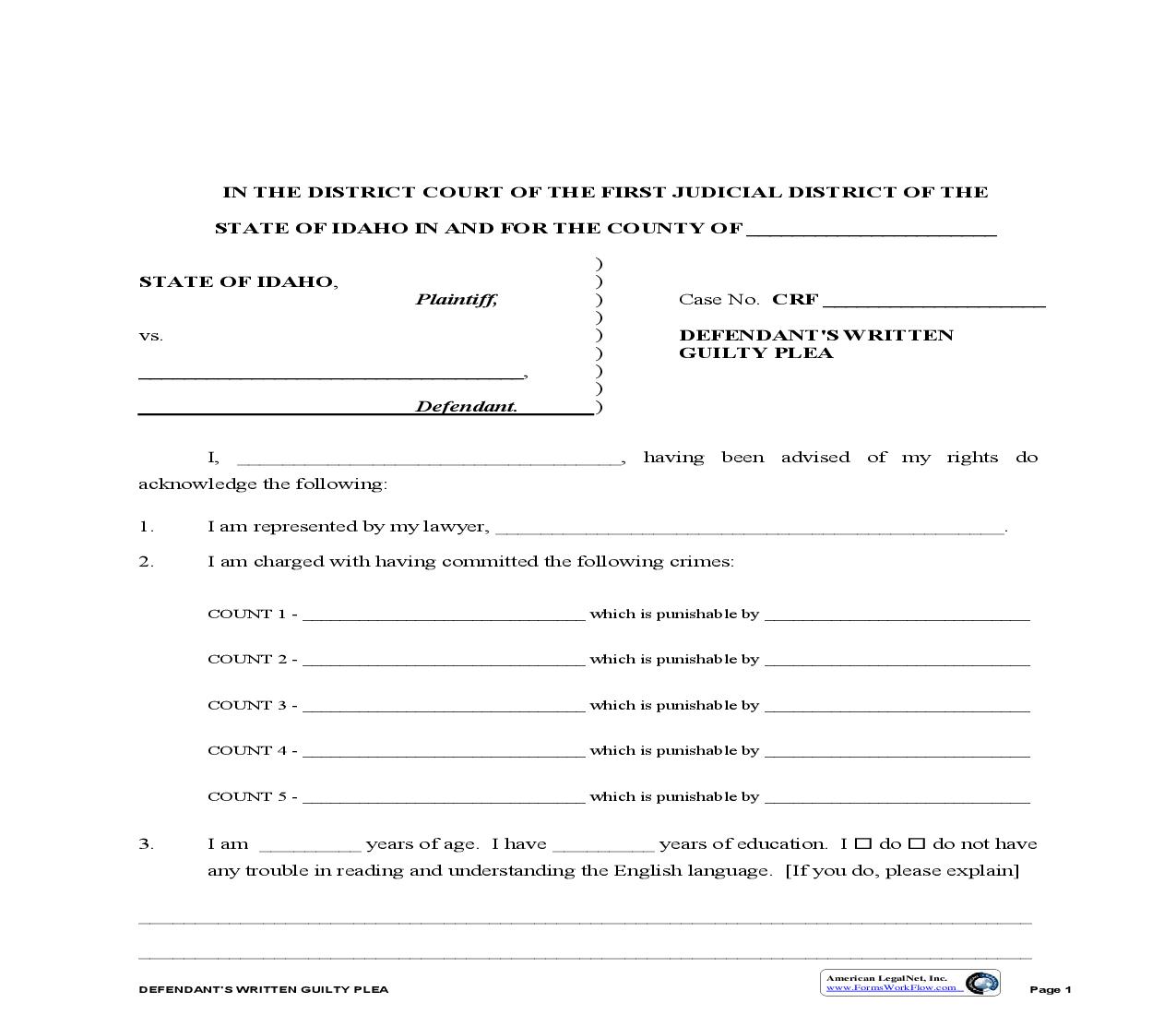 Defendants Written Guilty Plea (Criminal) | Pdf Fpdf Doc Docx | Idaho