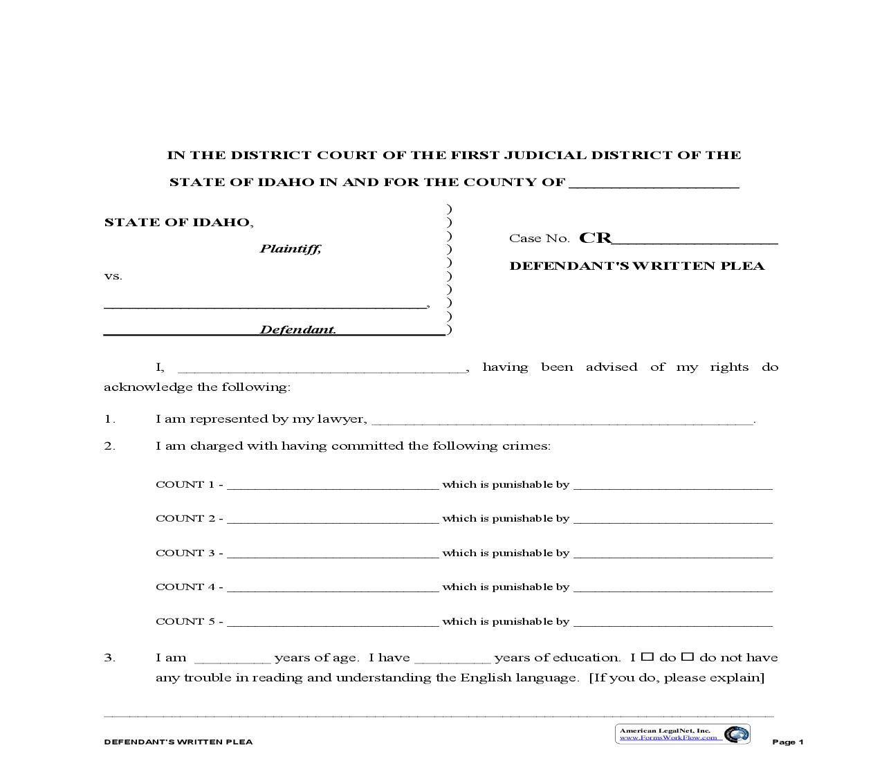 Defendants Written Plea (Criminal) | Pdf Fpdf Doc Docx | Idaho