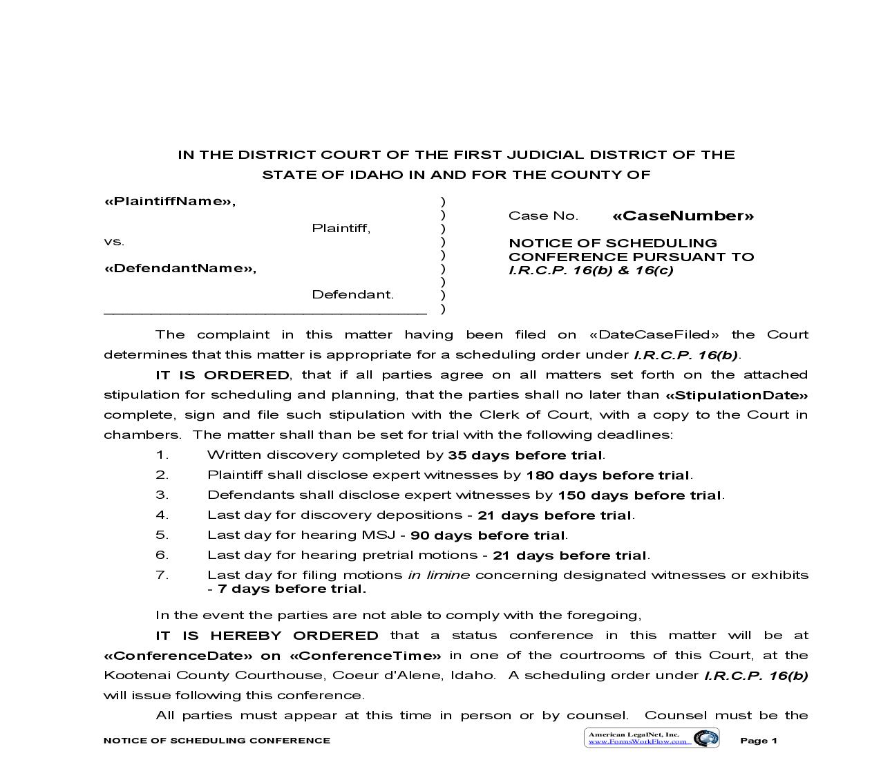 Notice Of Scheduling Conference (Civil) | Pdf Fpdf Doc Docx | Idaho