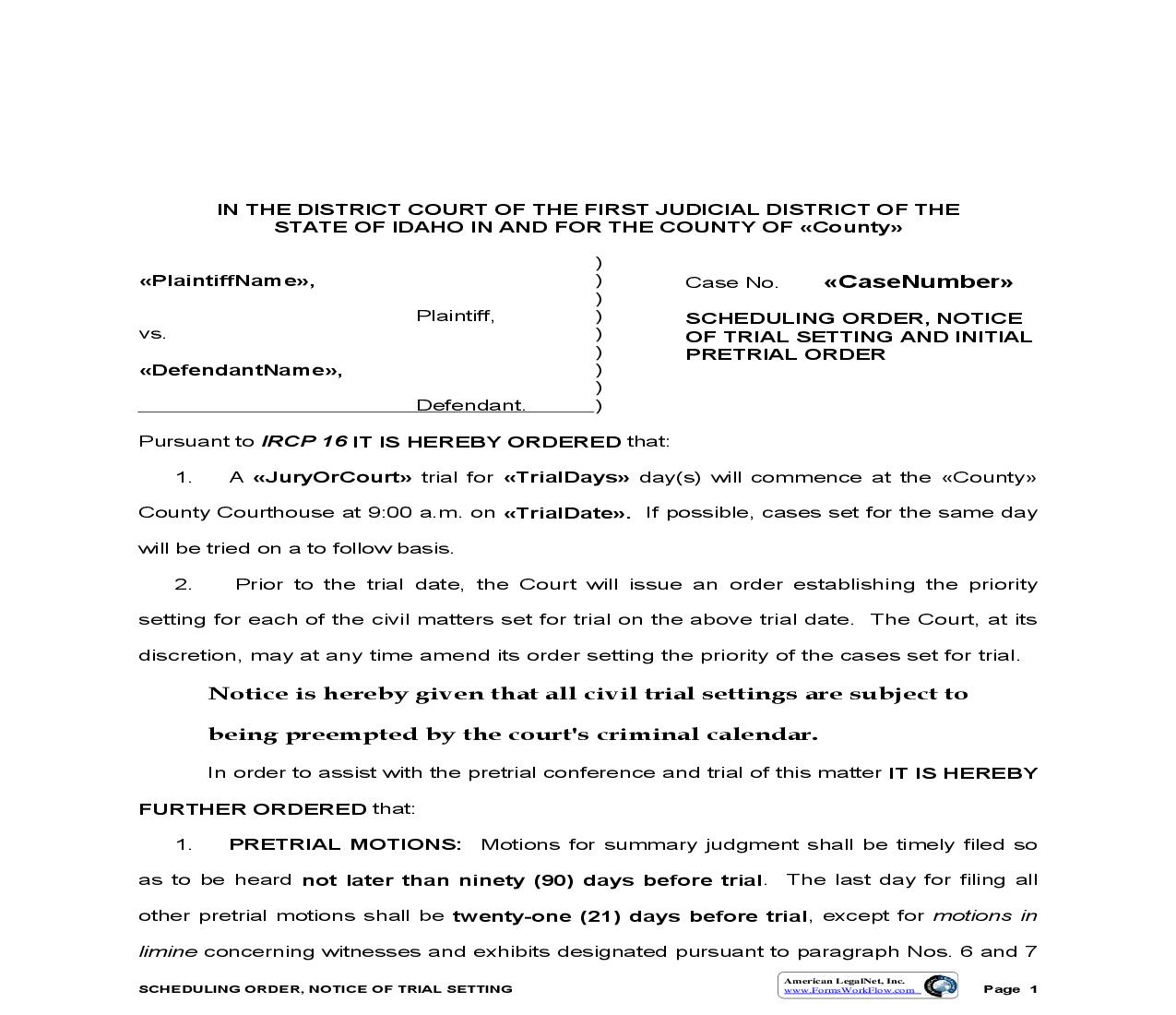 Scheduling Order Notice Of Trial Setting And Initial Pretrial Order (Civil) | Pdf Fpdf Doc Docx | Idaho