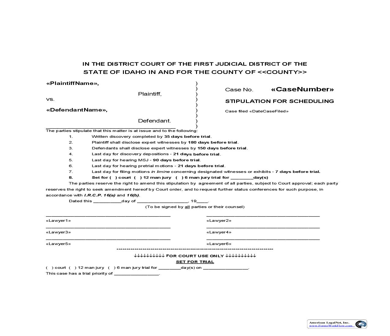 Stipulation For Scheduling (Civil) | Pdf Fpdf Doc Docx | Idaho