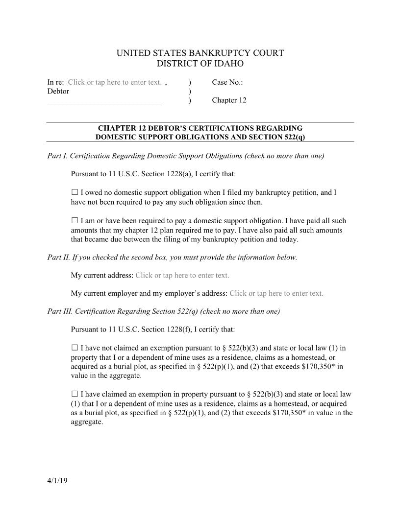 Chapter 12 Debtors Certifications Regarding Domestic Support Obligations | Pdf Fpdf Docx | Idaho