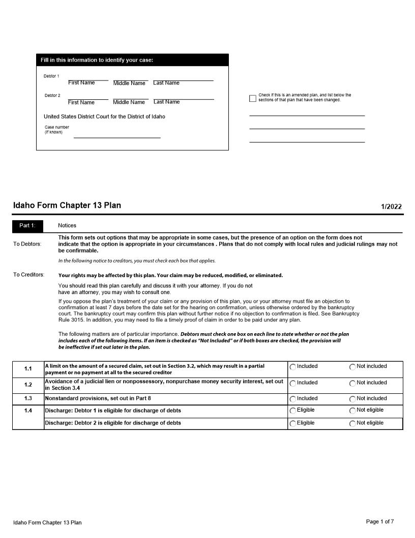 Chapter 13 Plan | Pdf Fpdf Docx | Idaho