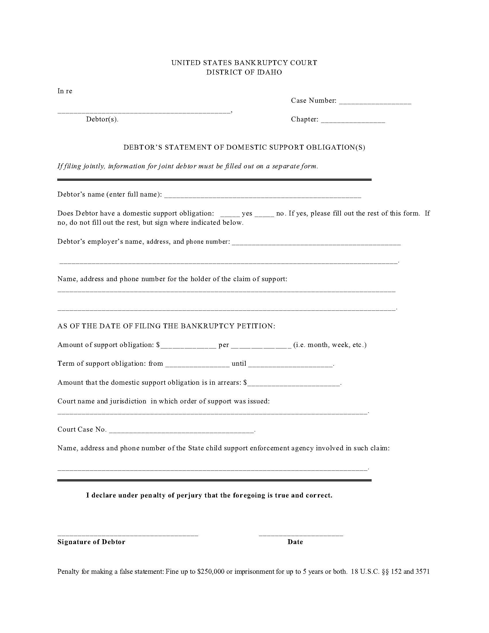 Debtors Statement Of Domestic Support Obligation(s) (Debtor And Joint Debtor) | Pdf Fpdf Docx | Idaho