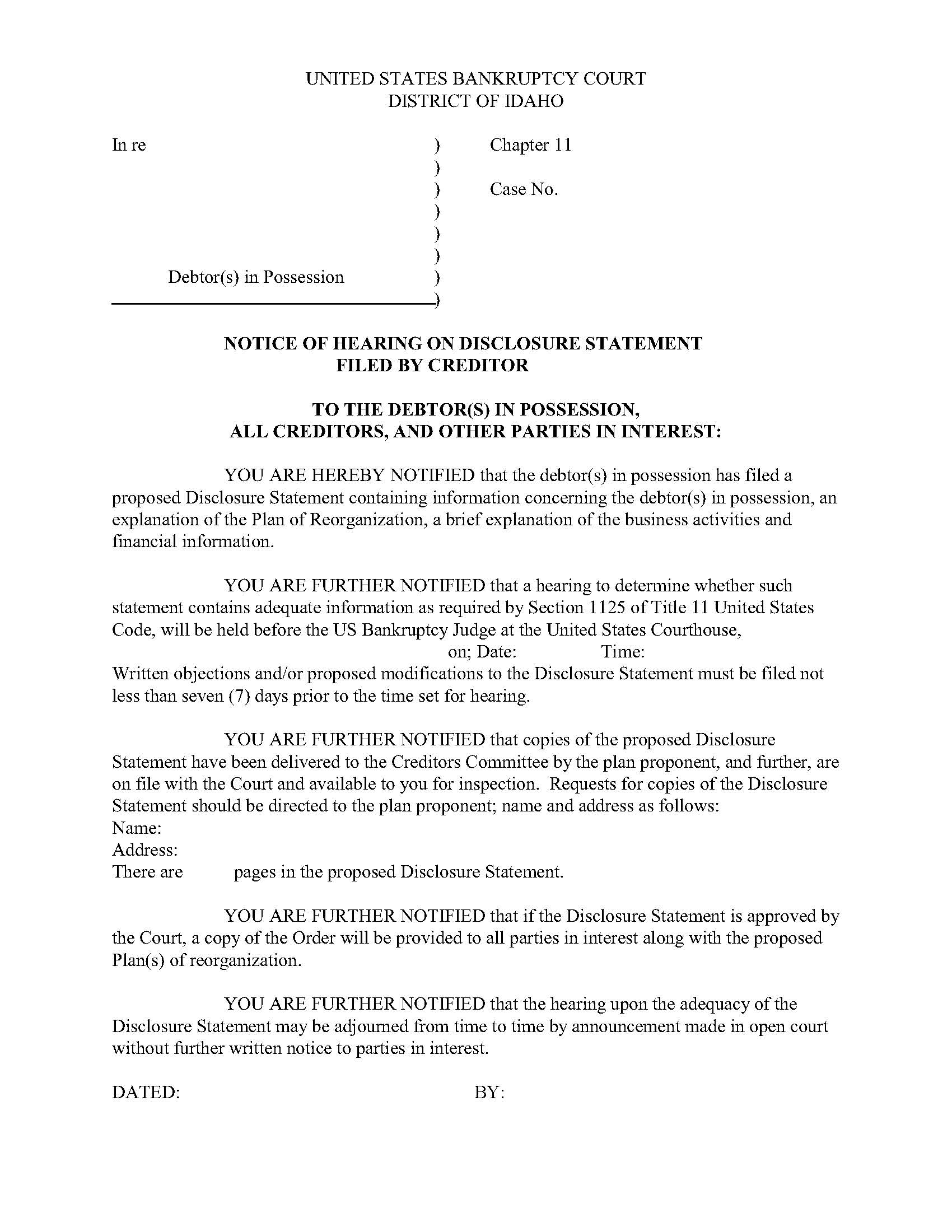 Notice Of Hearing On Disclosure Statement Filed By Creditor | Pdf Fpdf Docx | Idaho
