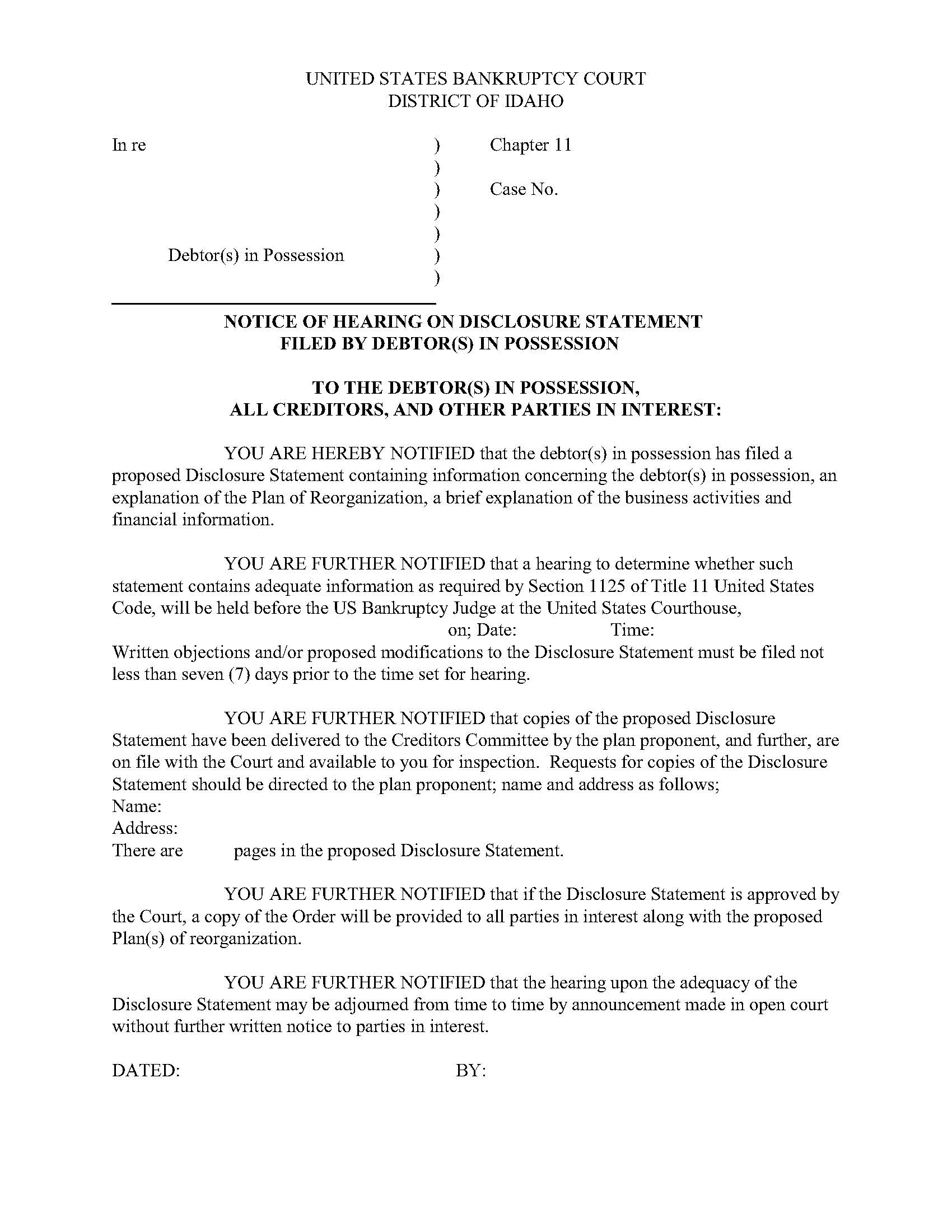 Notice Of Hearing On Disclosure Statement Filed By Debtor(s) In Possession | Pdf Fpdf Docx | Idaho