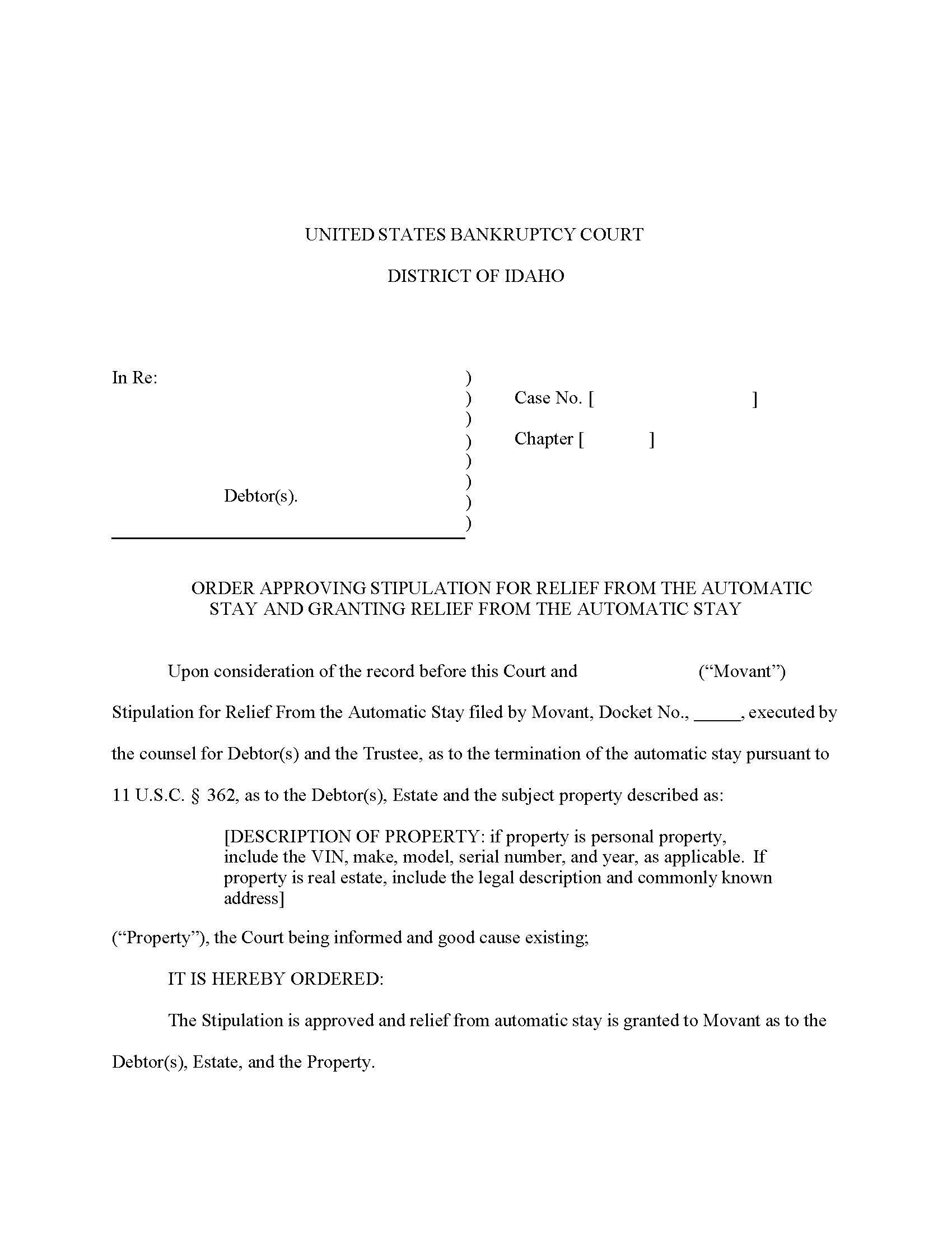 Order Approving Stipulation For Relief From The Automatic Stay | Pdf Fpdf Docx | Idaho