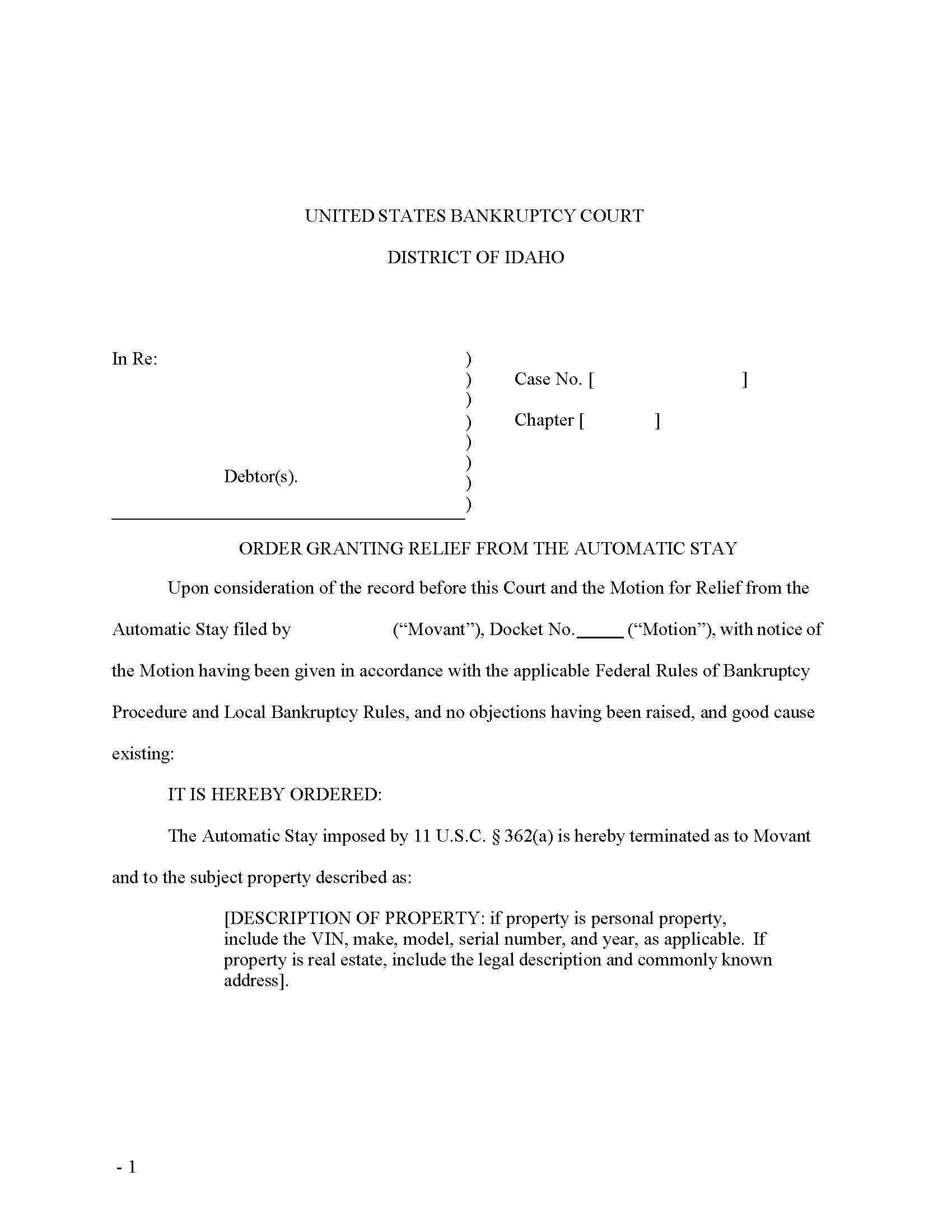 Order Granting Relief From The Automatic Stay (Chapter 11) | Pdf Fpdf Docx | Idaho