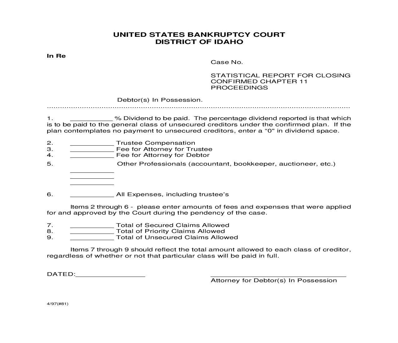 Statistical Report For Closing Confirmed Chapter 11 Proceedings | Pdf Fpdf Doc Docx | Idaho