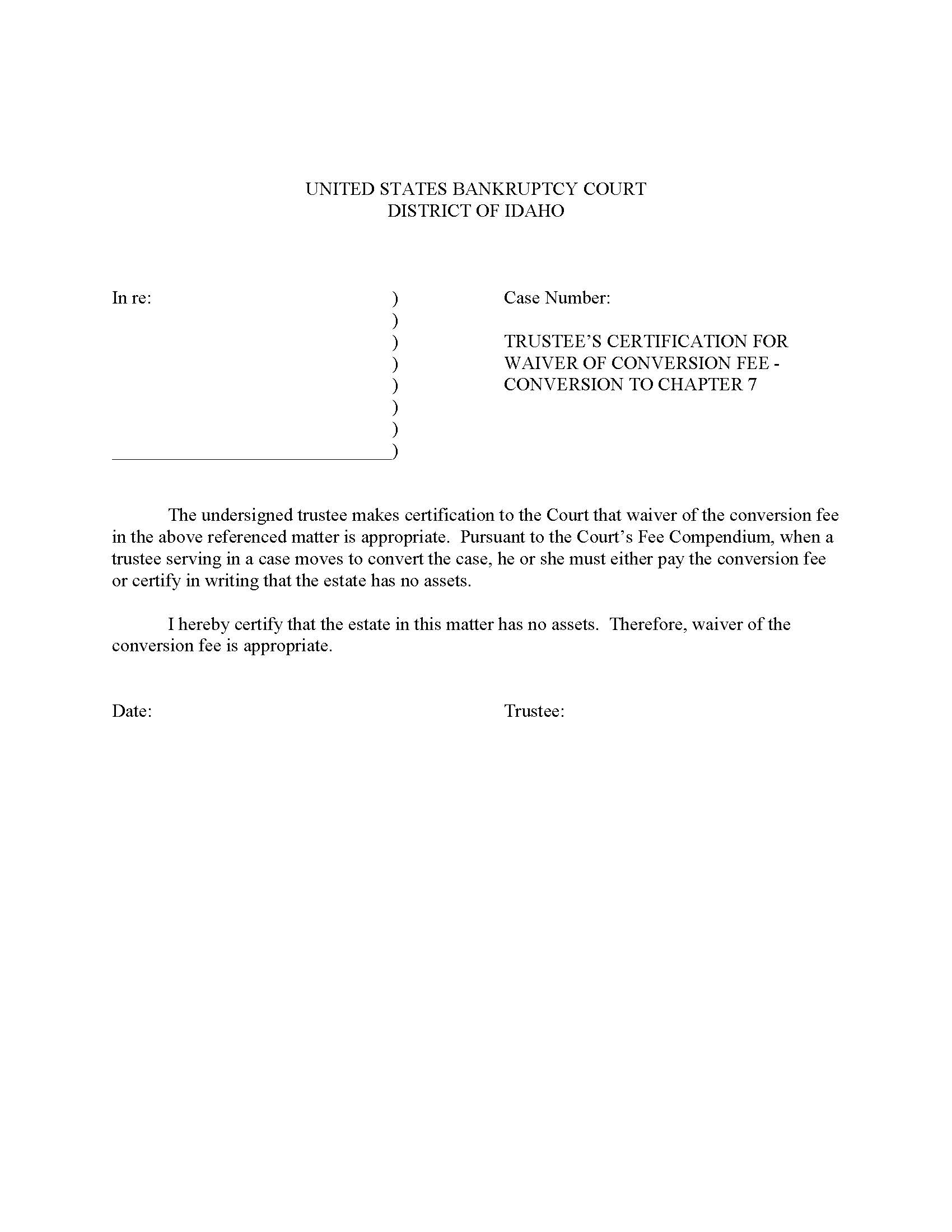 Trustees Certification For Waiver Of Conversion Fee | Pdf Fpdf Docx | Idaho